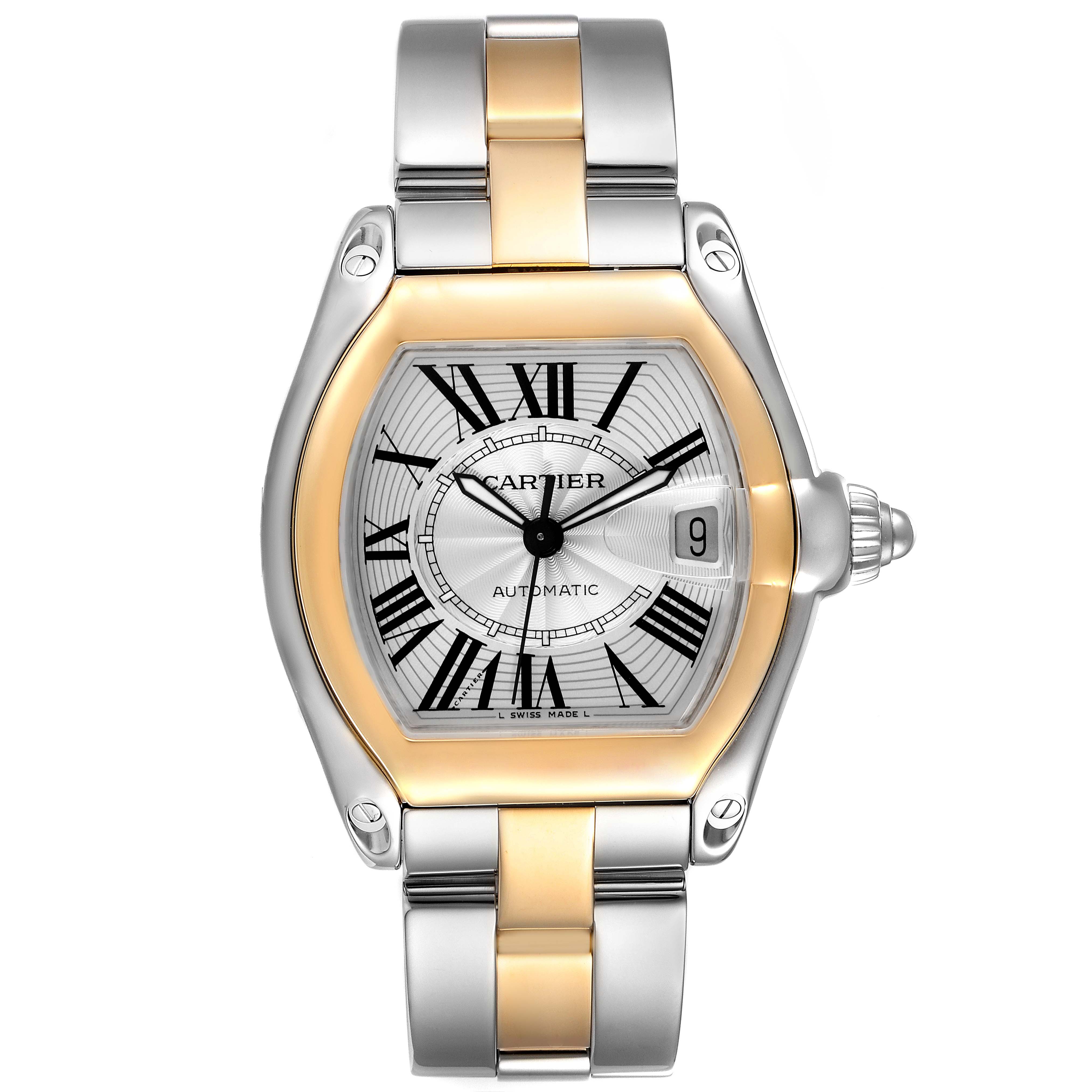 The Cartier Roadster W62031Y4 Men's Steel and Gold (two tone) Silver Dial W62031Y4 Men's Steel and Gold (two tone) Silver Dial watch is shown from the front, displaying its dial, bezel, bracelet, and crown.