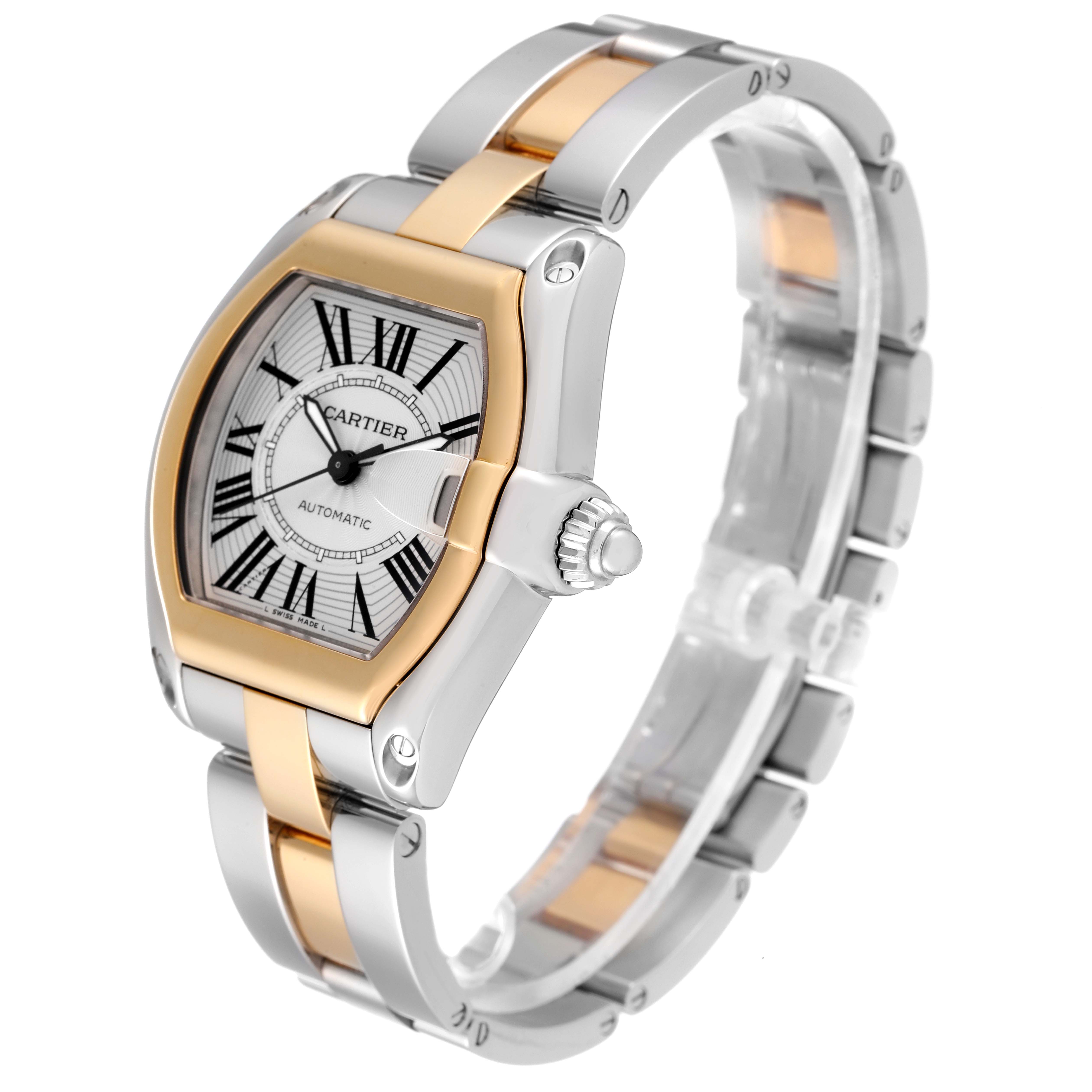 The Cartier Roadster W62031Y4 Men's Steel and Gold (two tone) Silver Dial W62031Y4 Men's Steel and Gold (two tone) Silver Dial watch is shown at a three-quarter angle, displaying the dial, bezel, case, and part of the bracelet.