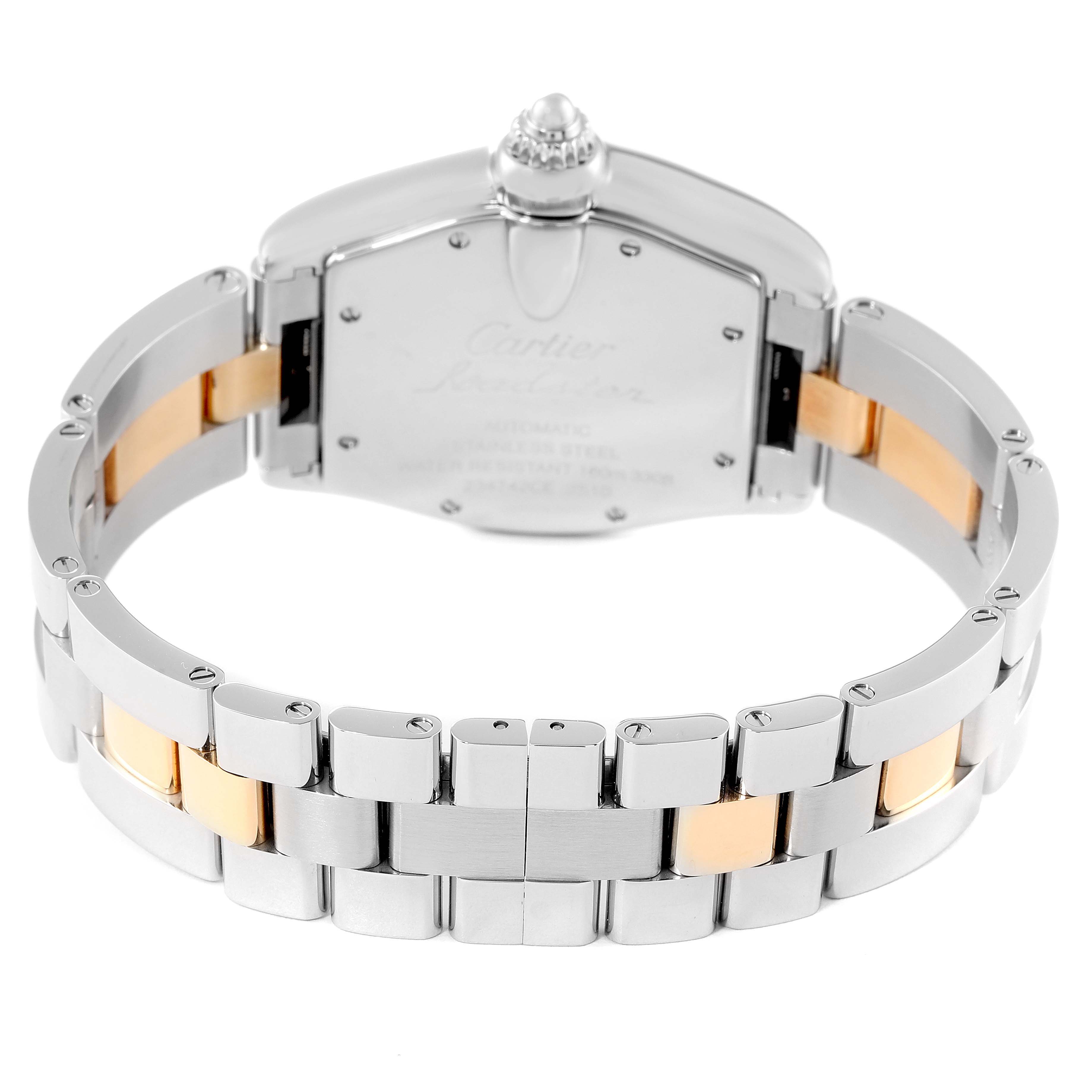 This image shows the back of a Cartier Roadster W62031Y4 Men's Steel and Gold (two tone) Silver Dial W62031Y4 Men's Steel and Gold (two tone) Silver Dial watch and its two-tone metal bracelet links.