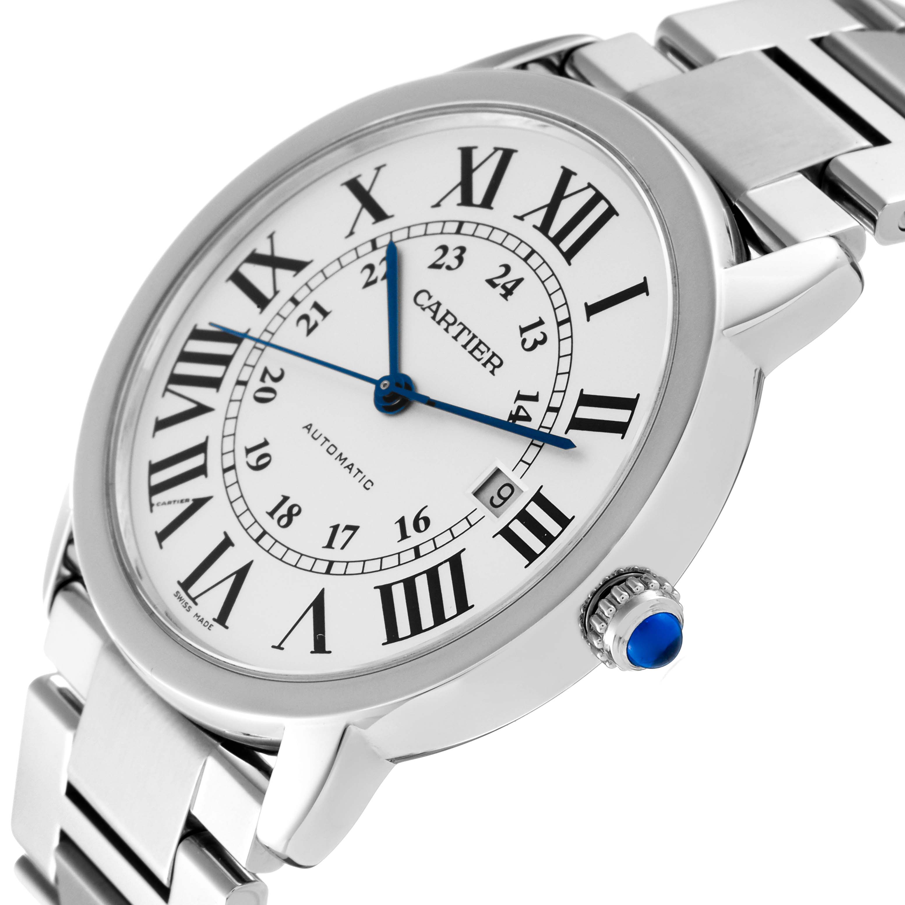 The image shows the face and part of the bracelet of a Cartier Ronde W6701011 Men
s Stainless Steel Silver Dial W6701011 Men
s Stainless Steel Silver Dial watch at a slight angle.
