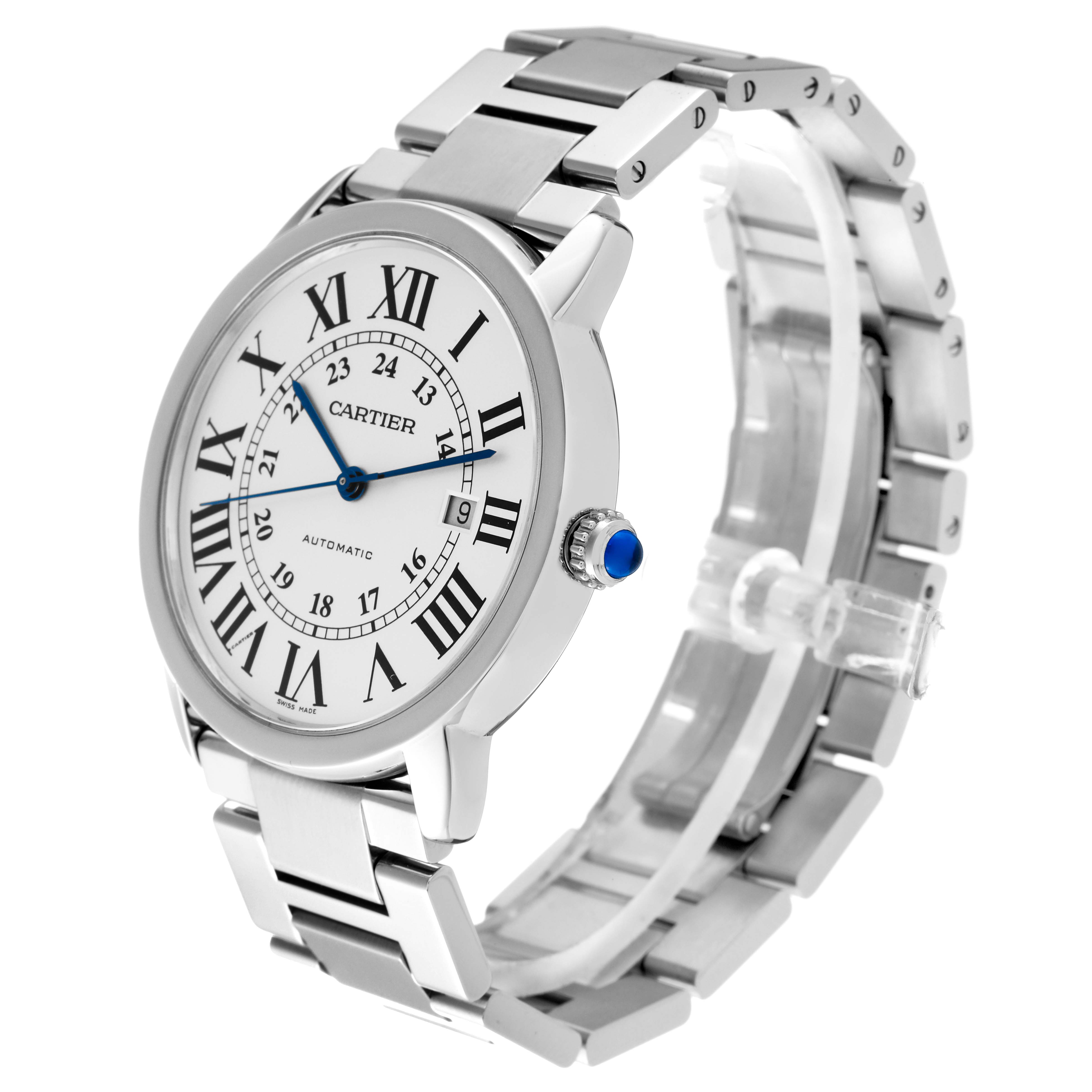 The Cartier Ronde W6701011 Men
s Stainless Steel Silver Dial W6701011 Men
s Stainless Steel Silver Dial watch is shown at an angled side view, highlighting the face, band, and crown with a blue gem.