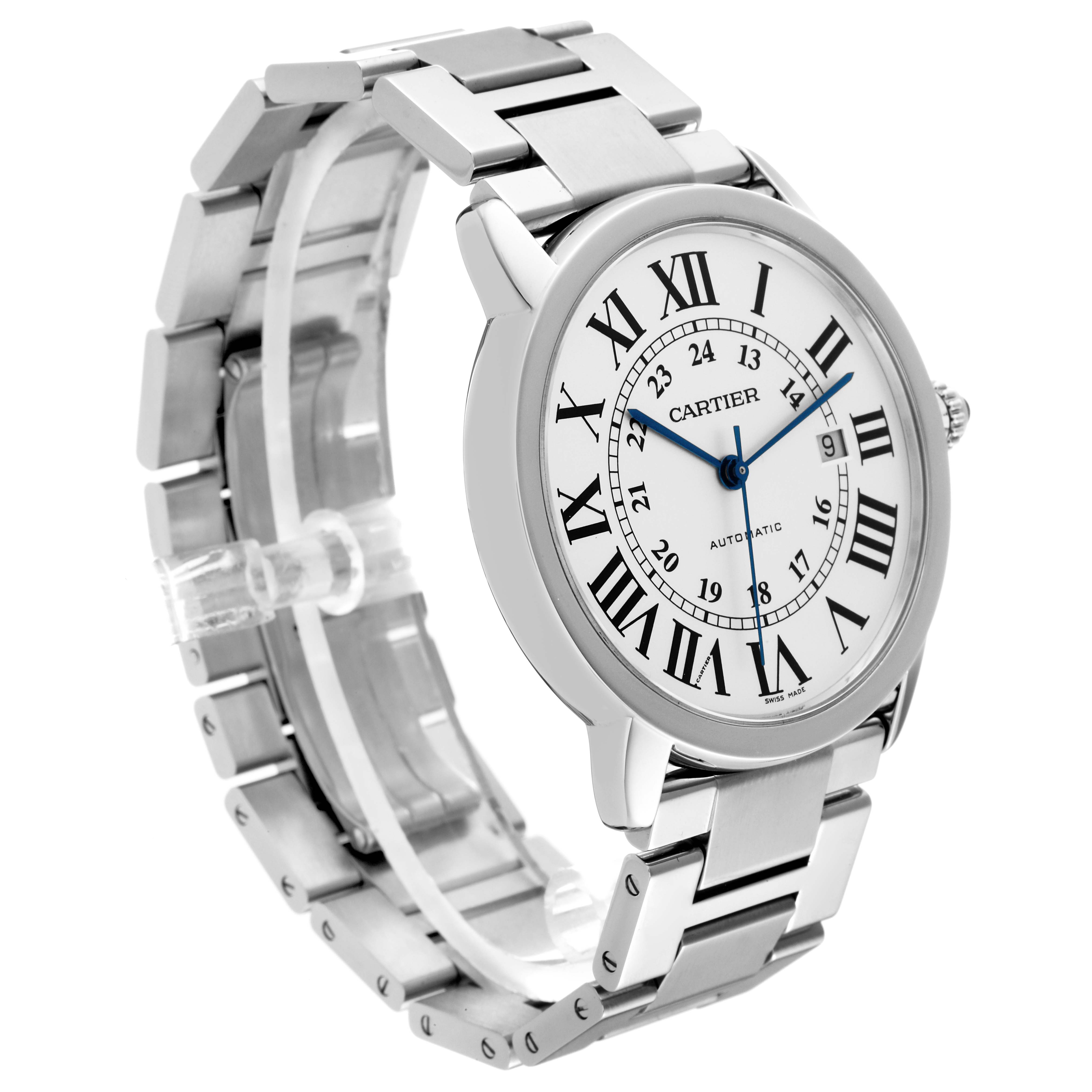 The Cartier Ronde W6701011 Men
s Stainless Steel Silver Dial W6701011 Men
s Stainless Steel Silver Dial watch is shown at an angle displaying the white dial with Roman numerals and the metal bracelet.