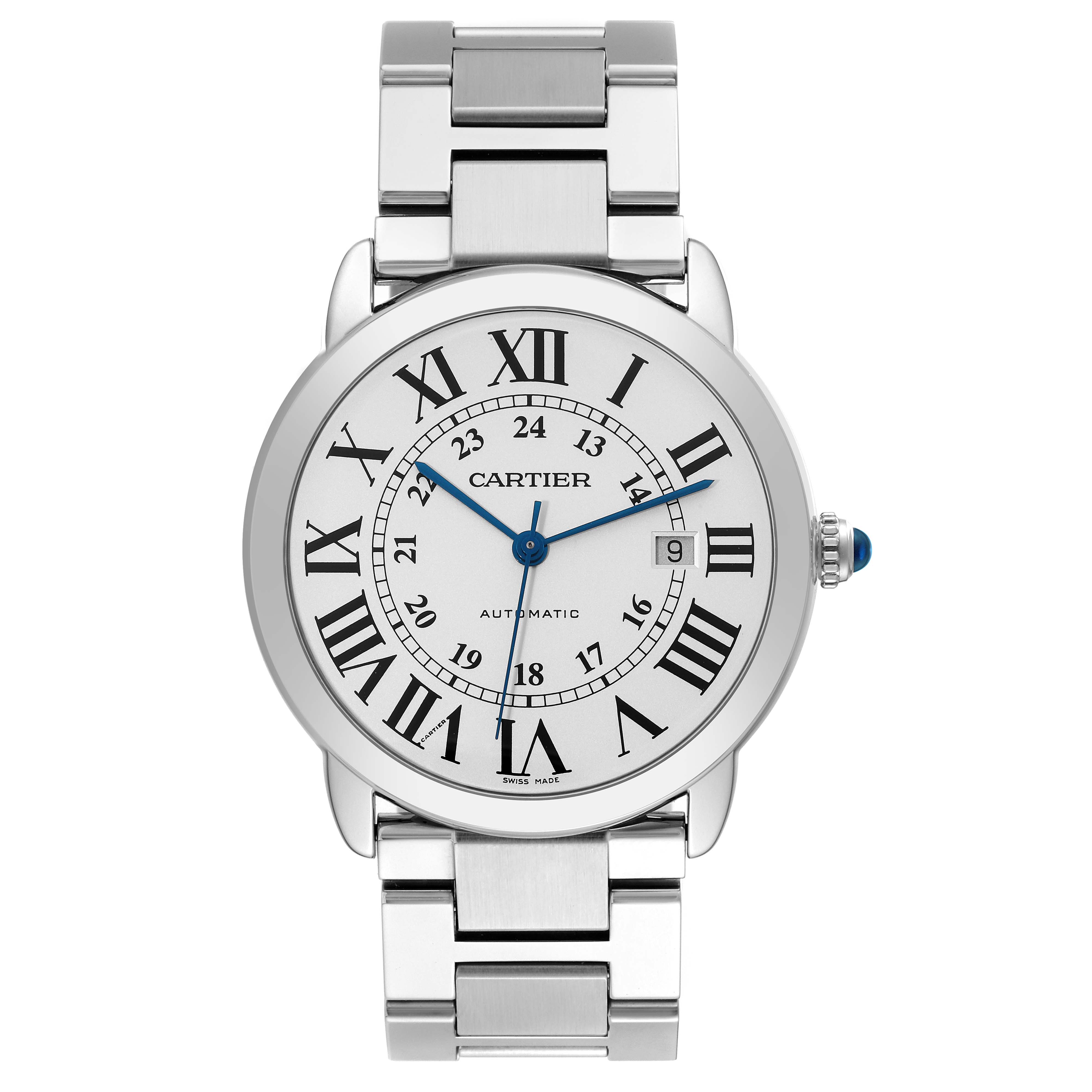 The image shows a front view of a Cartier Ronde W6701011 Men
s Stainless Steel Silver Dial W6701011 Men
s Stainless Steel Silver Dial model watch, displaying its dial, Roman numerals, and metal bracelet.