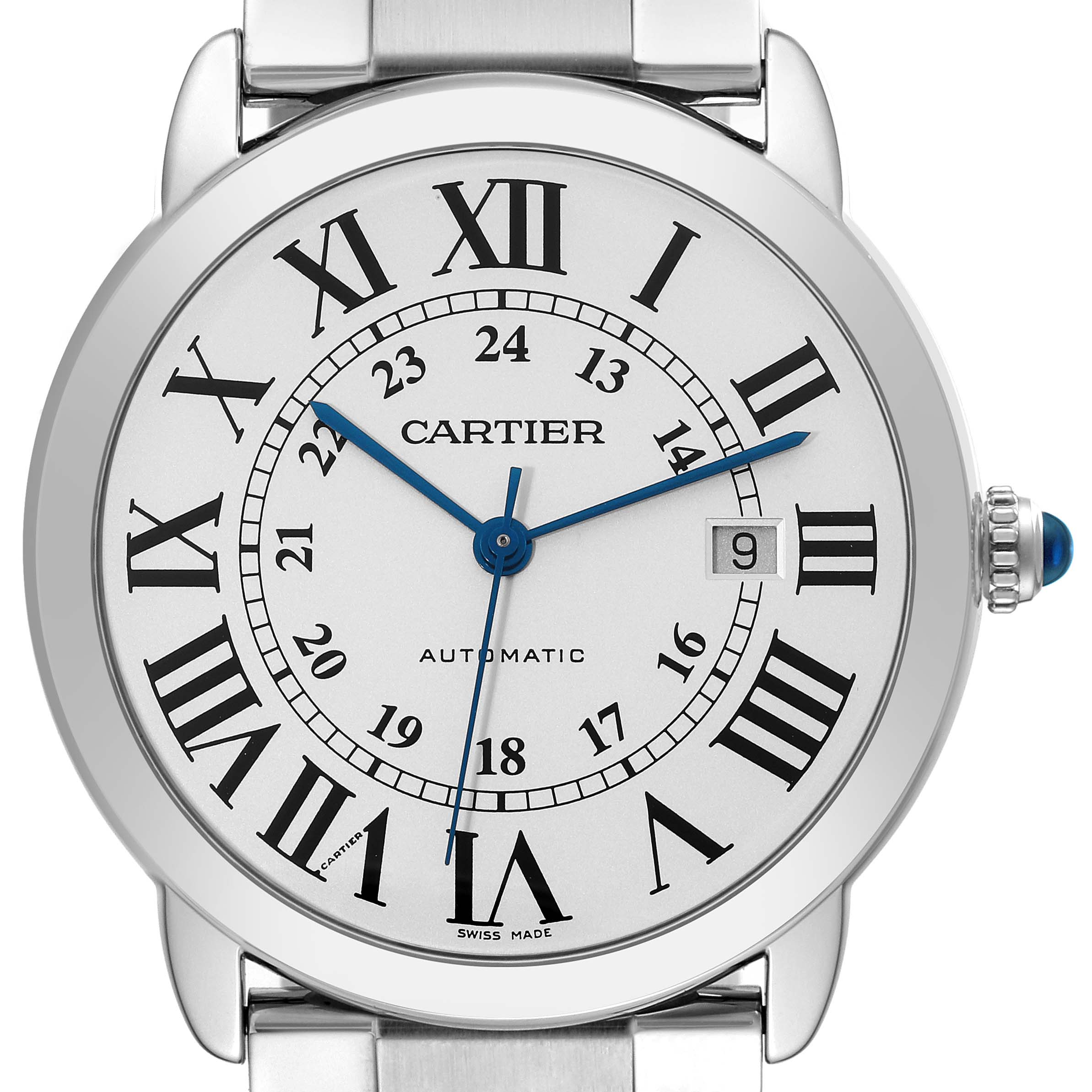 This image shows a front view of the Cartier Ronde W6701011 Men
s Stainless Steel Silver Dial W6701011 Men
s Stainless Steel Silver Dial watch, highlighting its dial, hands, Roman numerals, date window, and crown.
