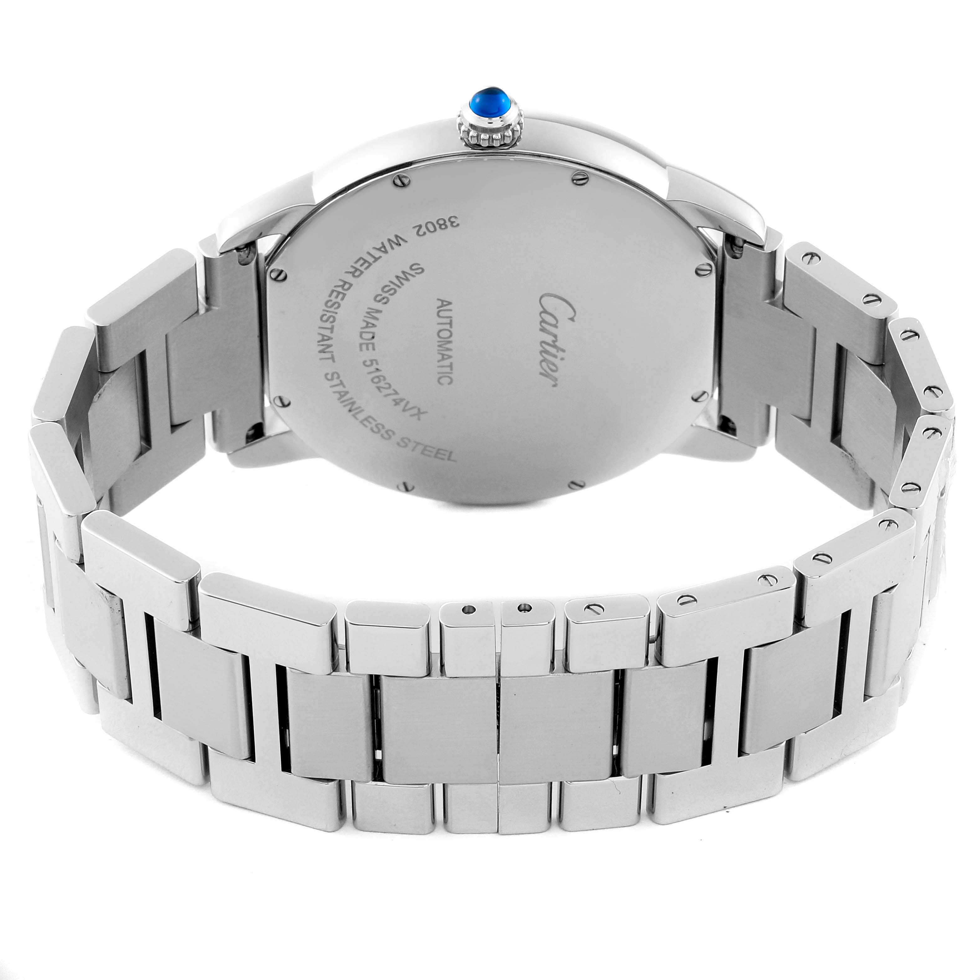The image shows the back view of a Cartier Ronde W6701011 Men
s Stainless Steel Silver Dial W6701011 Men
s Stainless Steel Silver Dial watch, highlighting its stainless steel case, bracelet, and sapphire crown.