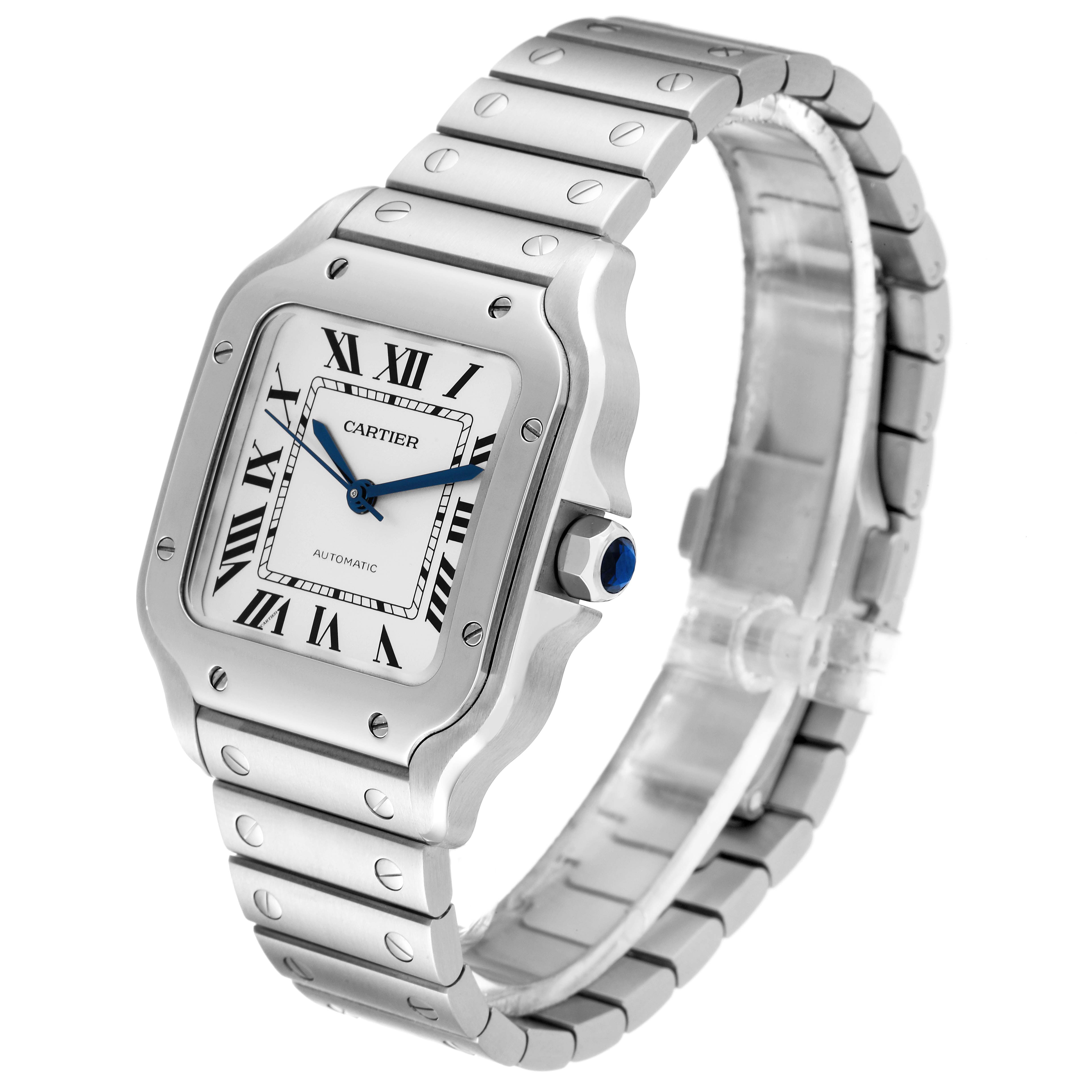 This image shows a Cartier Santos WSSA0010 Men's Stainless Steel Silver Dial WSSA0010 Men's Stainless Steel Silver Dial watch angled to display its face, bezel, and bracelet.