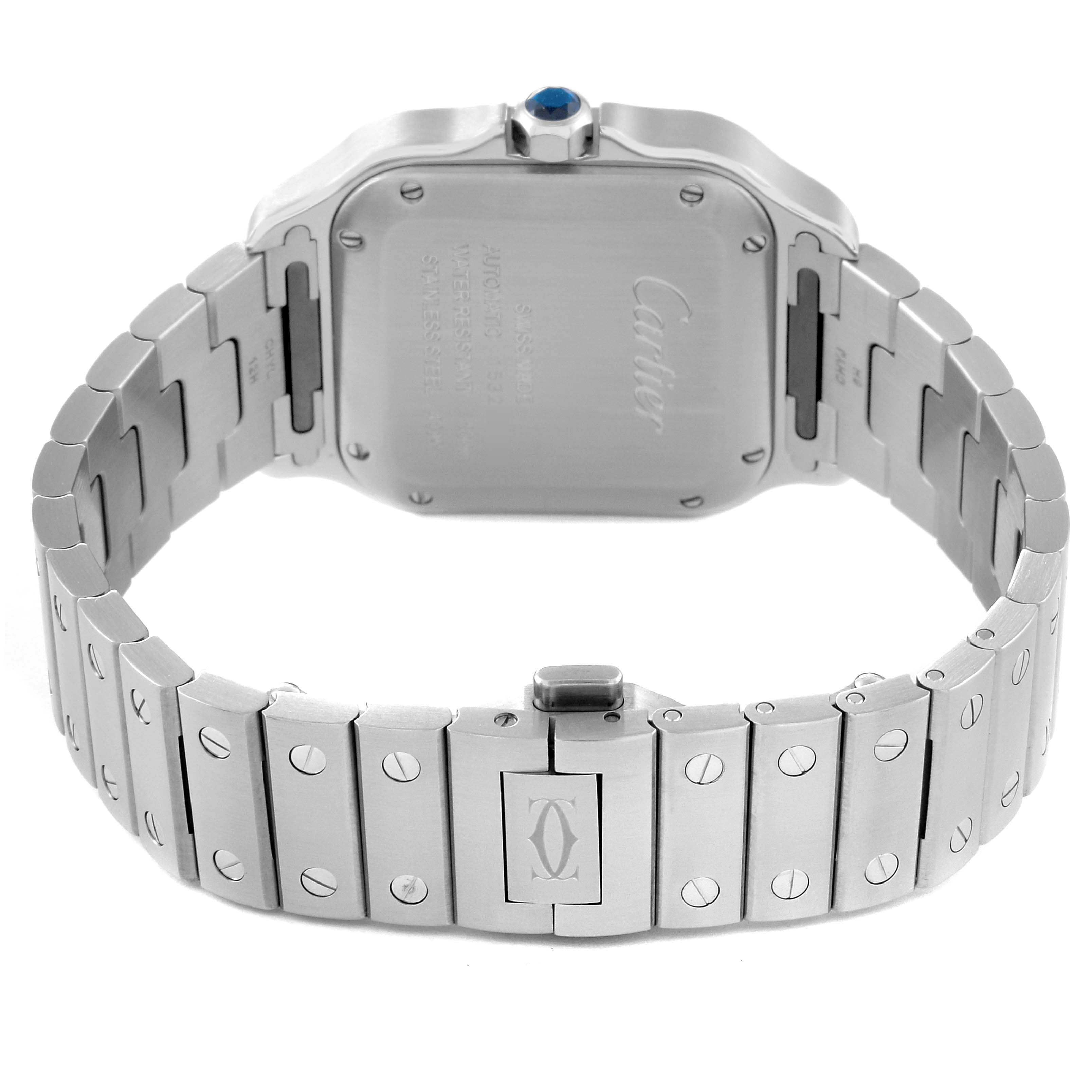 This image shows the back case and metal bracelet of a Cartier Santos WSSA0010 Men's Stainless Steel Silver Dial WSSA0010 Men's Stainless Steel Silver Dial watch from a rear angle.