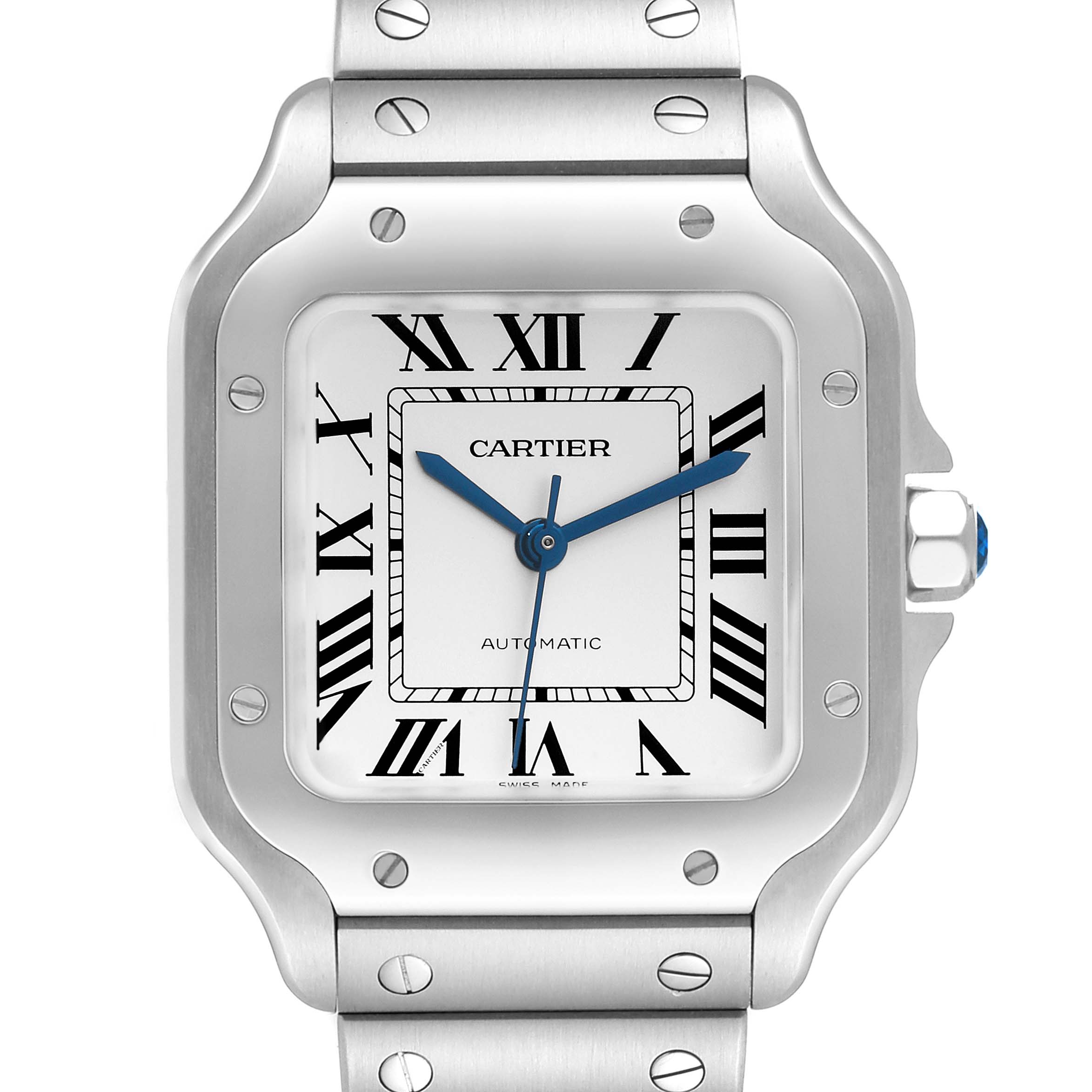 The image shows a close-up of the dial and part of the bracelet of a Santos model by Cartier.