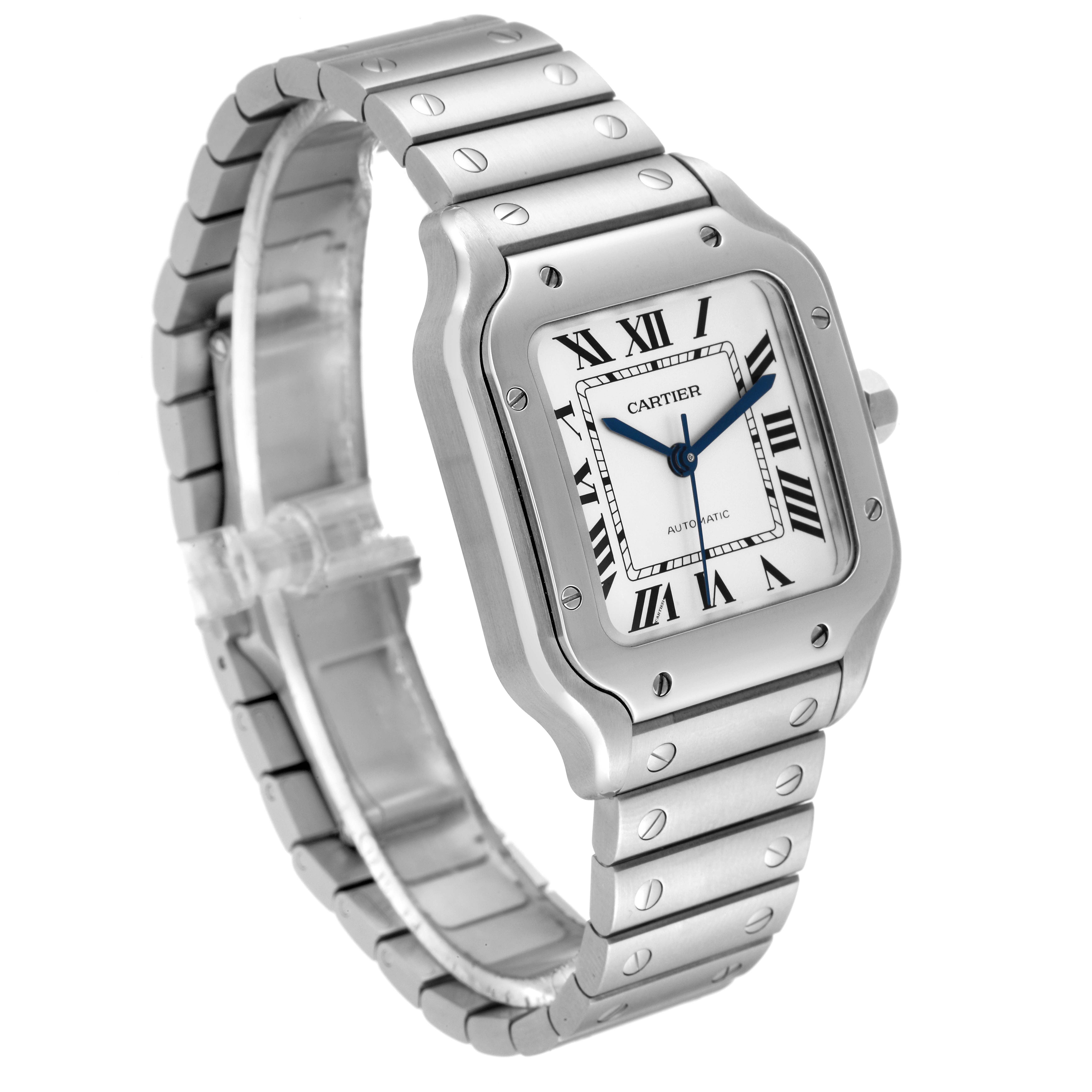 The image shows a Cartier Santos WSSA0010 Men's Stainless Steel Silver Dial WSSA0010 Men's Stainless Steel Silver Dial watch at a three-quarter angle, displaying the case, dial, bezel, and bracelet.