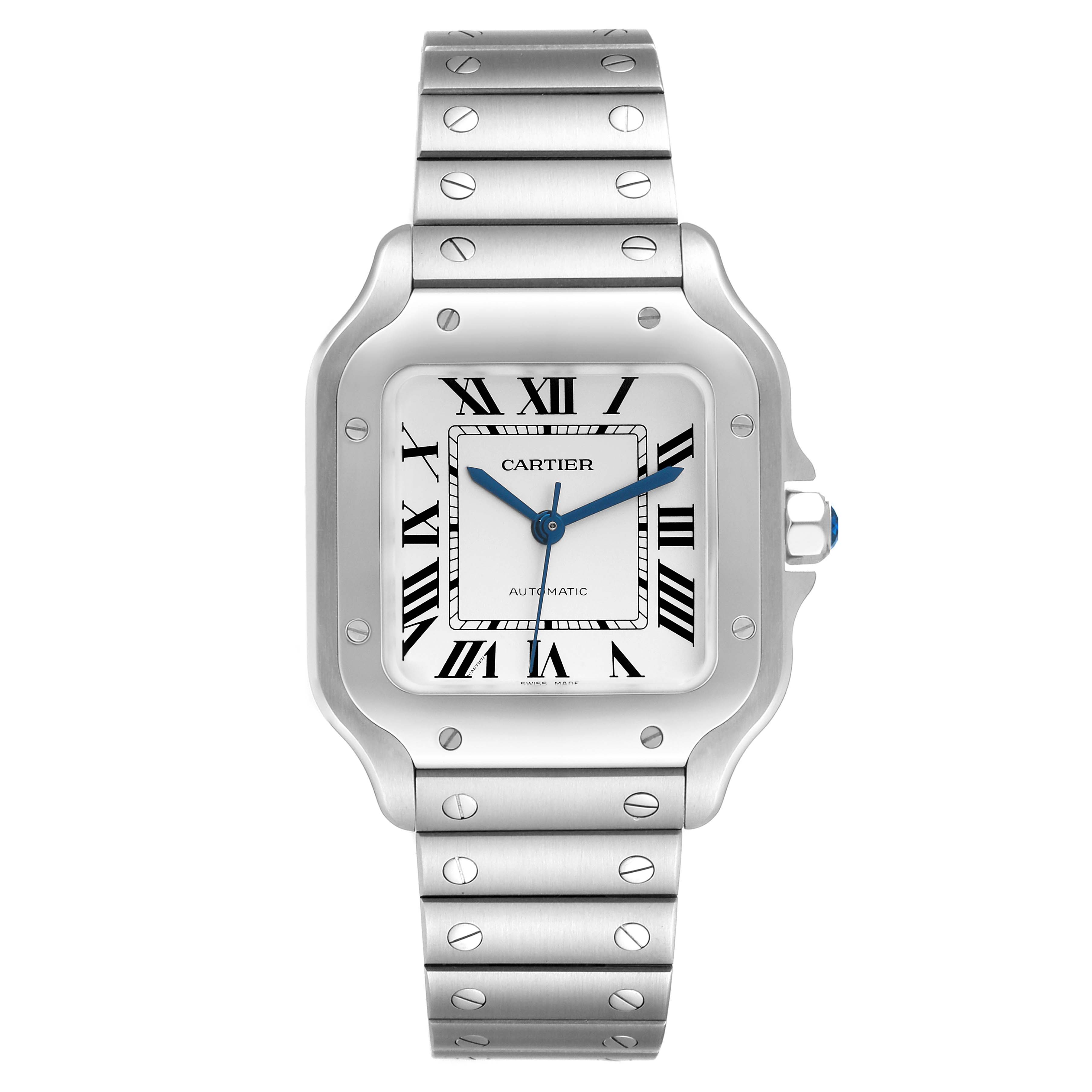 The image shows a front view of a Cartier Santos WSSA0010 Men's Stainless Steel Silver Dial WSSA0010 Men's Stainless Steel Silver Dial watch, highlighting its face, bezel, and metal bracelet.