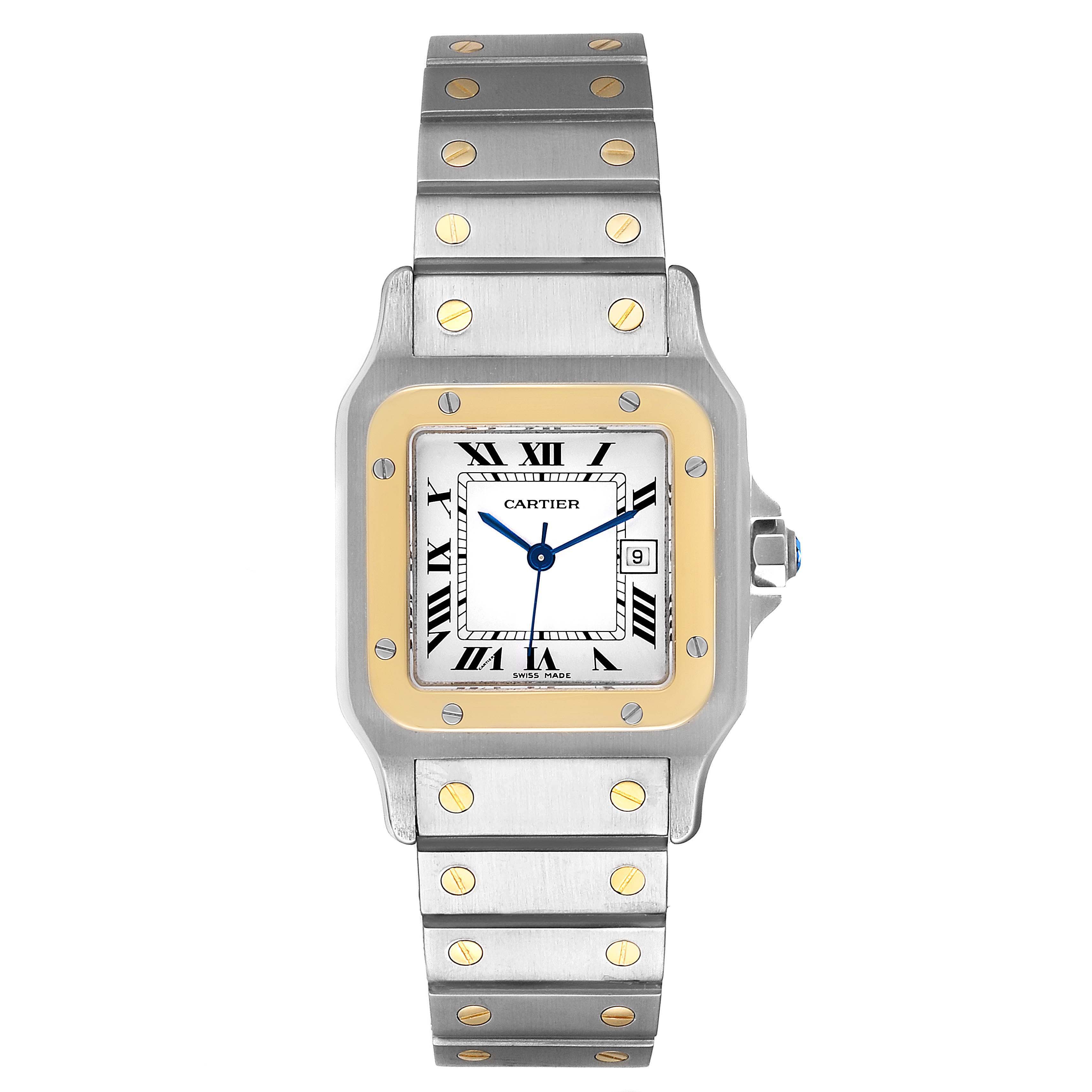 This image shows a frontal view of the Santos model watch by Cartier, highlighting its face, bezel, and bracelet.