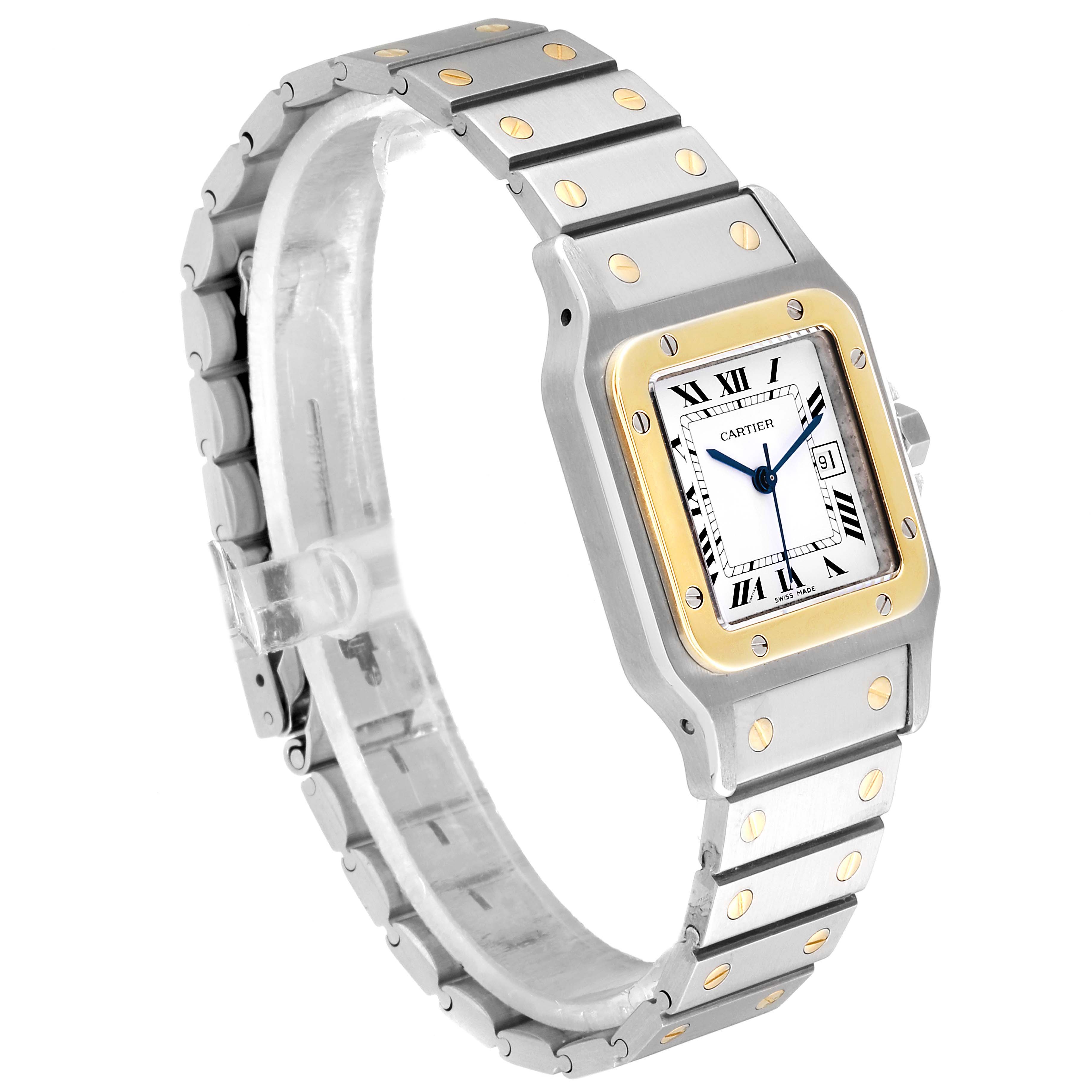 The Cartier Santos 187901 Men's Steel and Gold (two tone) White Dial 187901 Men's Steel and Gold (two tone) White Dial watch is shown at an angle displaying the face, bezel, and bracelet with visible screws.