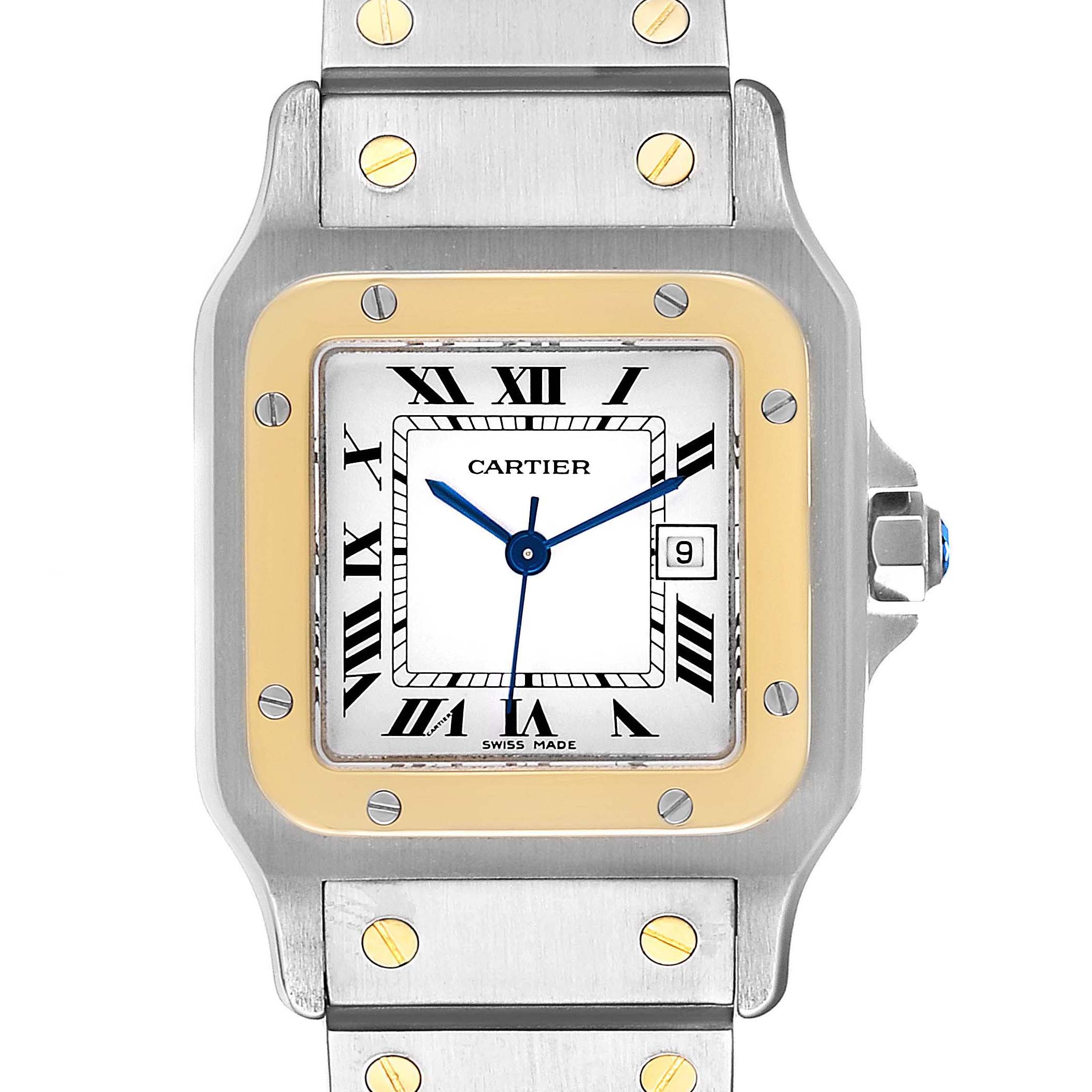 This image shows a front view of a Cartier Santos 187901 Men's Steel and Gold (two tone) White Dial 187901 Men's Steel and Gold (two tone) White Dial watch, showcasing the dial, bezel, and part of the bracelet.