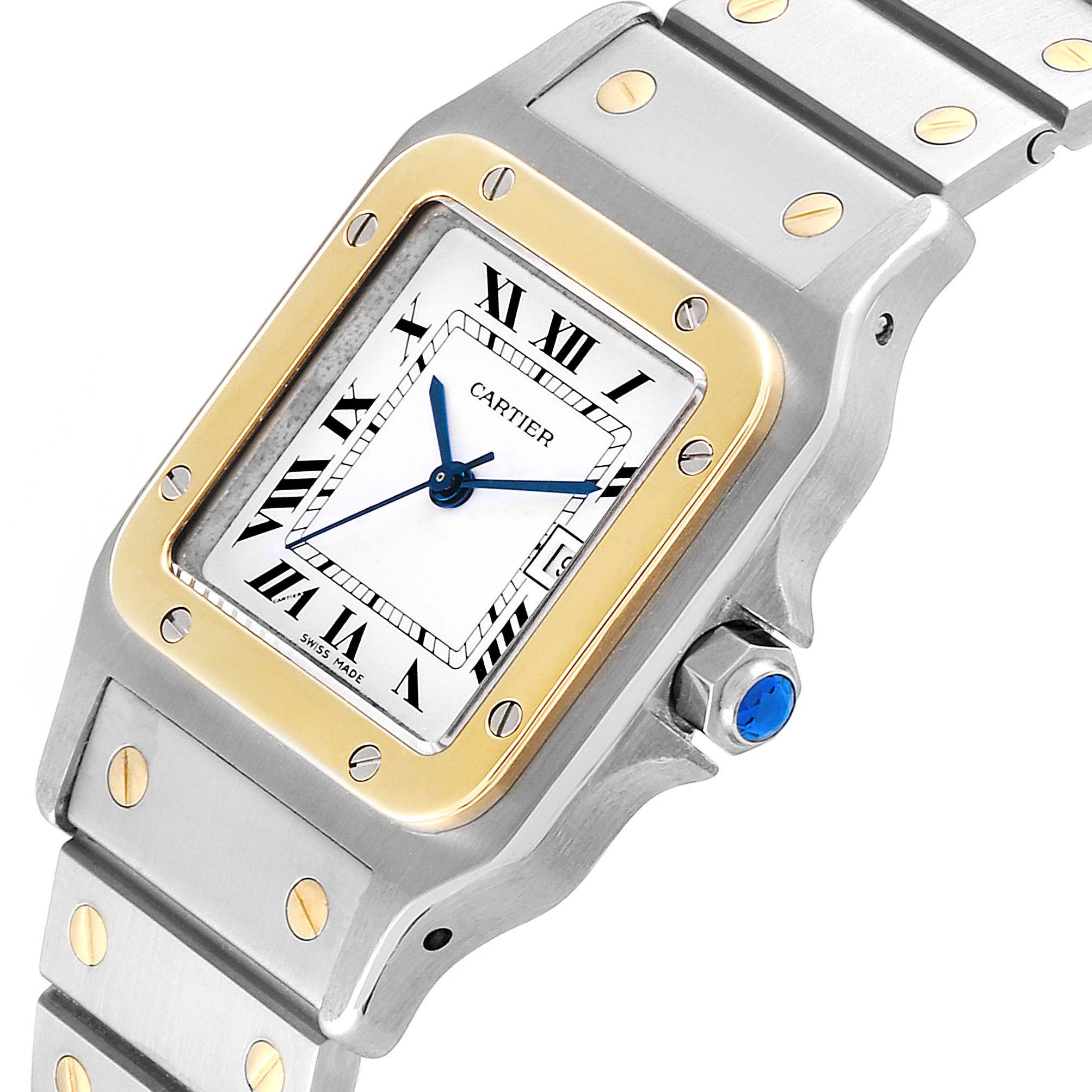 This image shows a Cartier Santos 187901 Men's Steel and Gold (two tone) White Dial 187901 Men's Steel and Gold (two tone) White Dial watch from an angled close-up, highlighting the face, bezel, and portion of the bracelet.