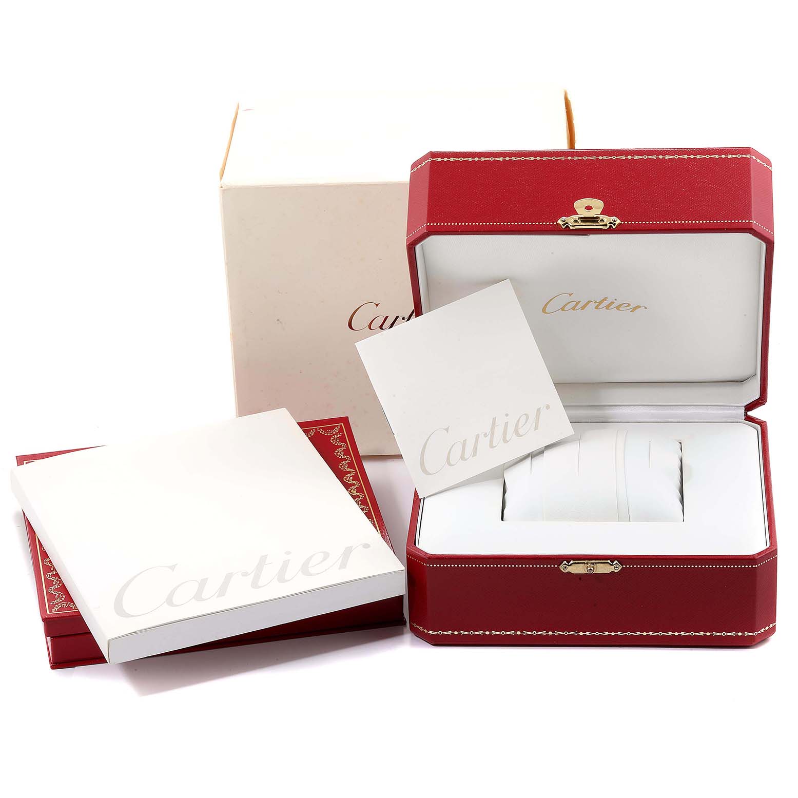 The image shows the packaging for a Cartier Santos 187901 Men's Steel and Gold (two tone) White Dial 187901 Men's Steel and Gold (two tone) White Dial watch, including a red box, a white cushion, and accompanying paperwork.