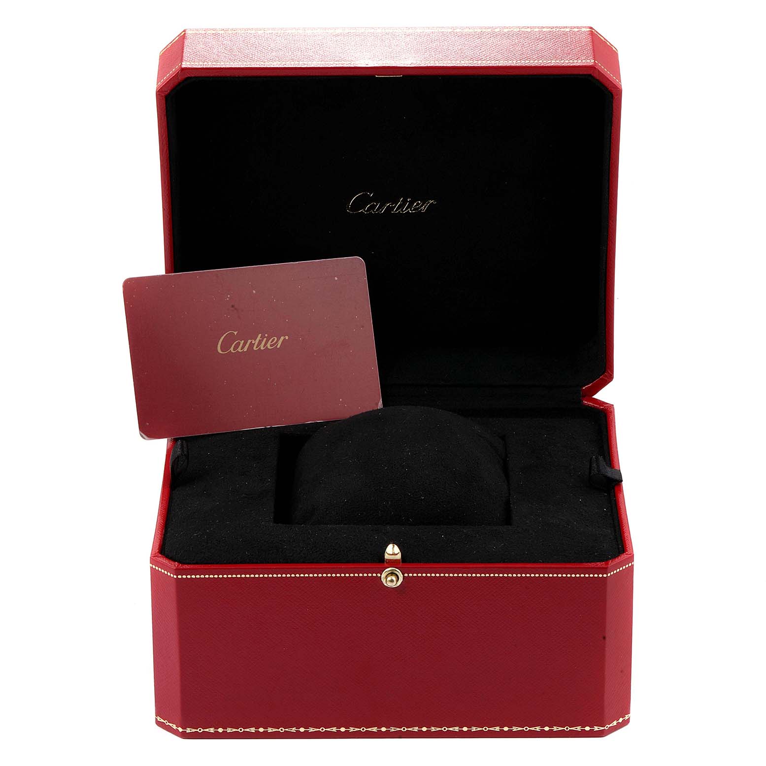 The image shows an open Cartier watch box for the Santos model, displaying a compartment and a Cartier card.