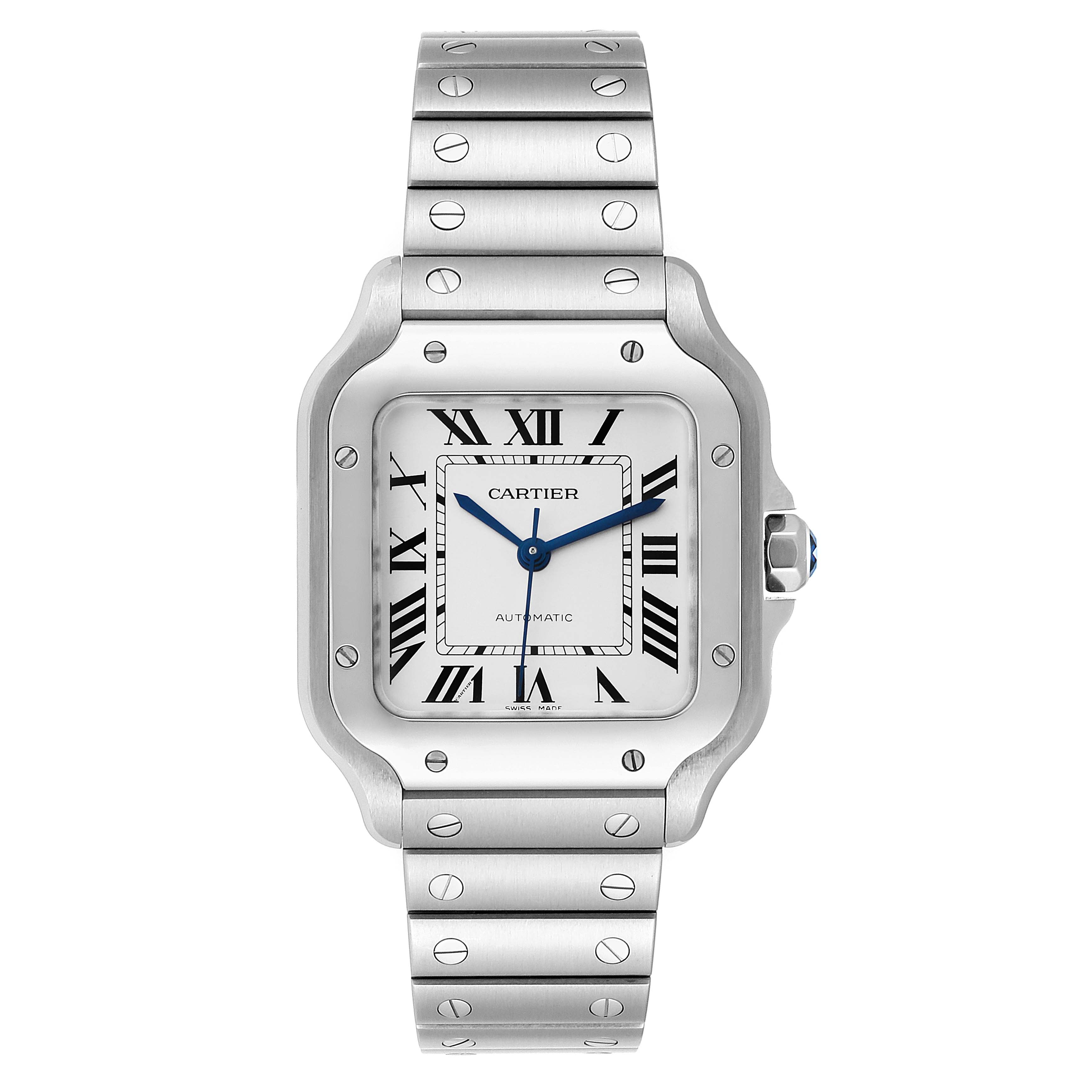 The image shows a front view of the Cartier Santos WSSA0010 Men's Stainless Steel Silver Dial WSSA0010 Men's Stainless Steel Silver Dial watch, featuring its face, bezel, and bracelet.