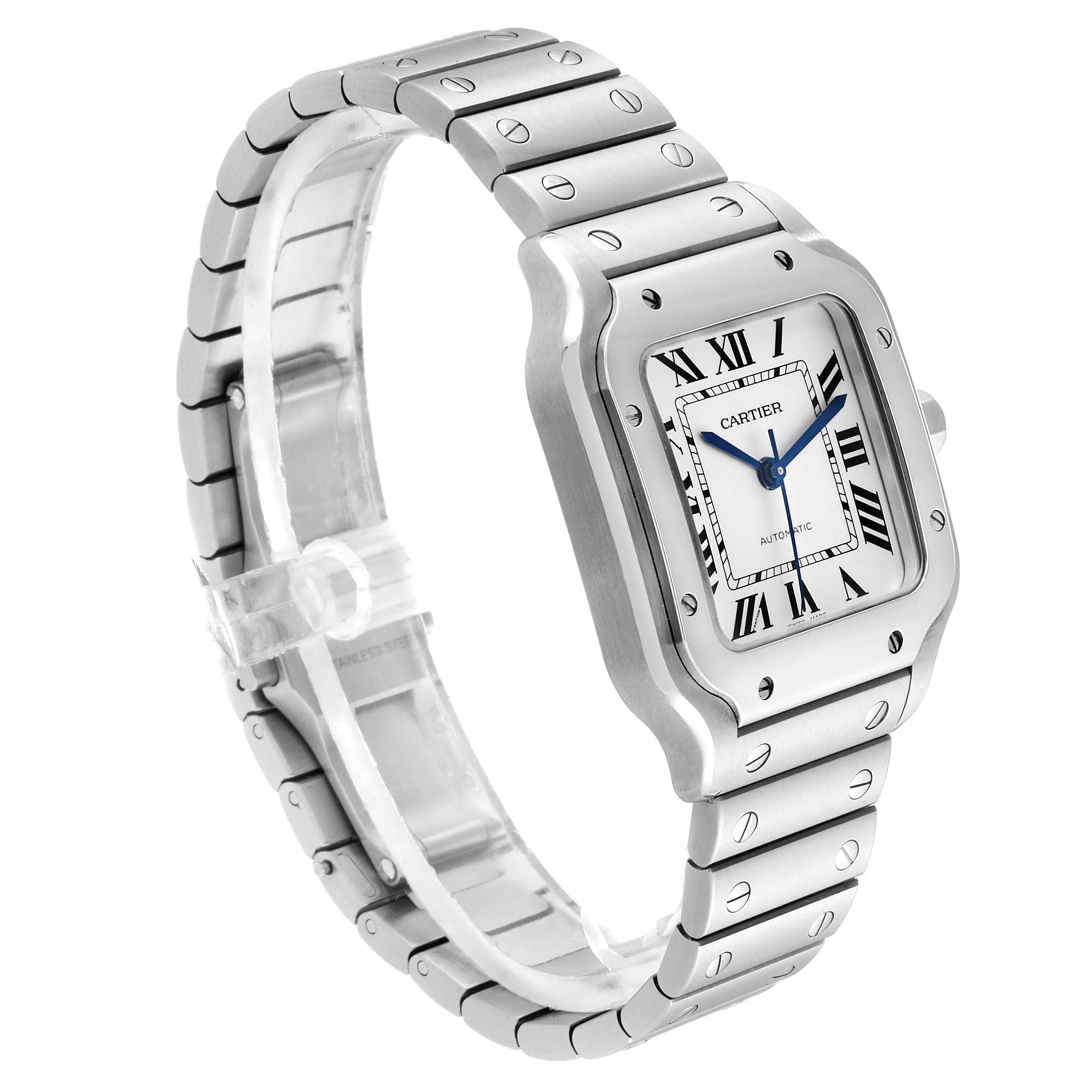 The Cartier Santos WSSA0010 Men's Stainless Steel Silver Dial WSSA0010 Men's Stainless Steel Silver Dial watch is shown from a front-side angle, displaying its face, bezel, and part of the bracelet.