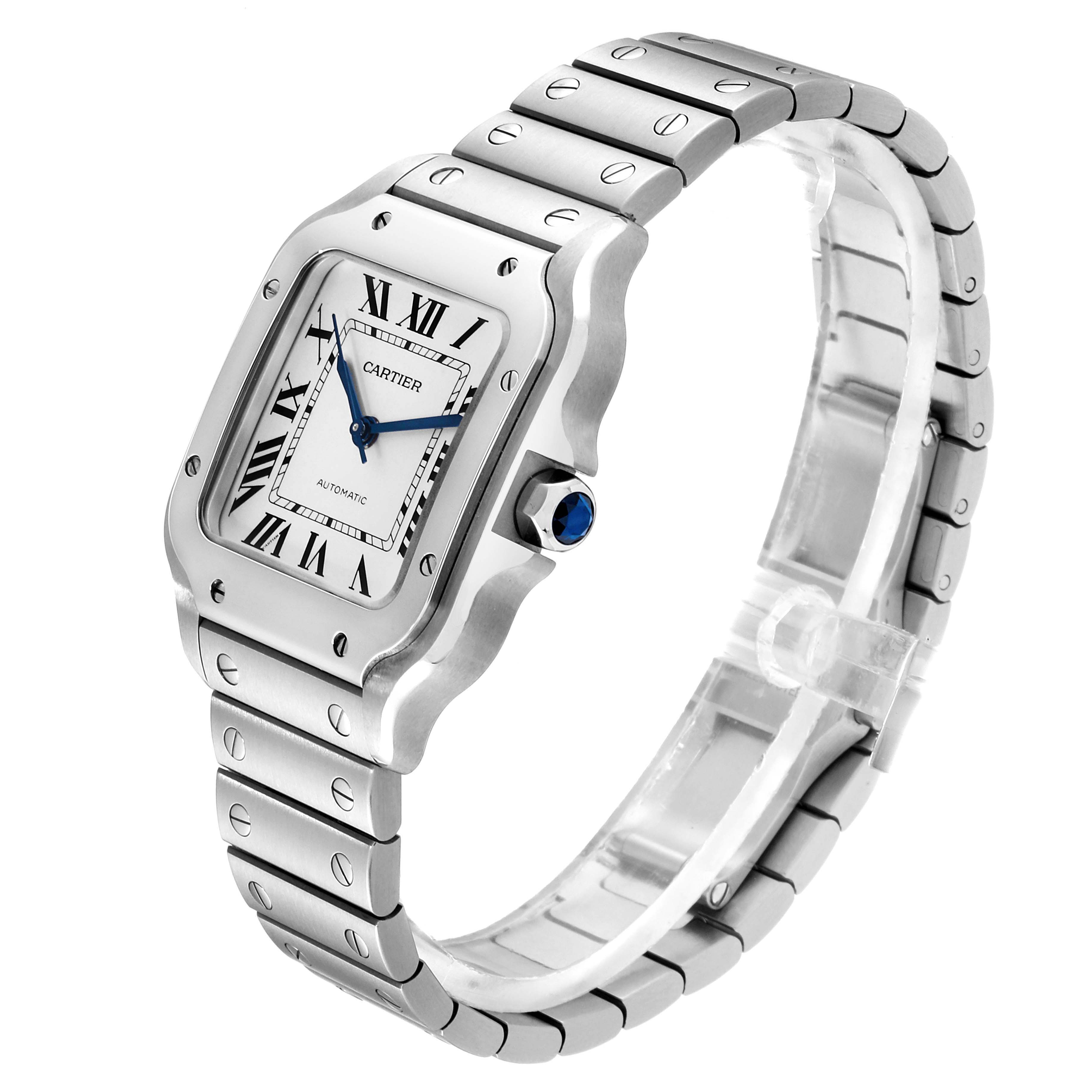The image shows a side view of a Cartier Santos WSSA0010 Men's Stainless Steel Silver Dial WSSA0010 Men's Stainless Steel Silver Dial watch, focusing on the face, bezel, and bracelet.