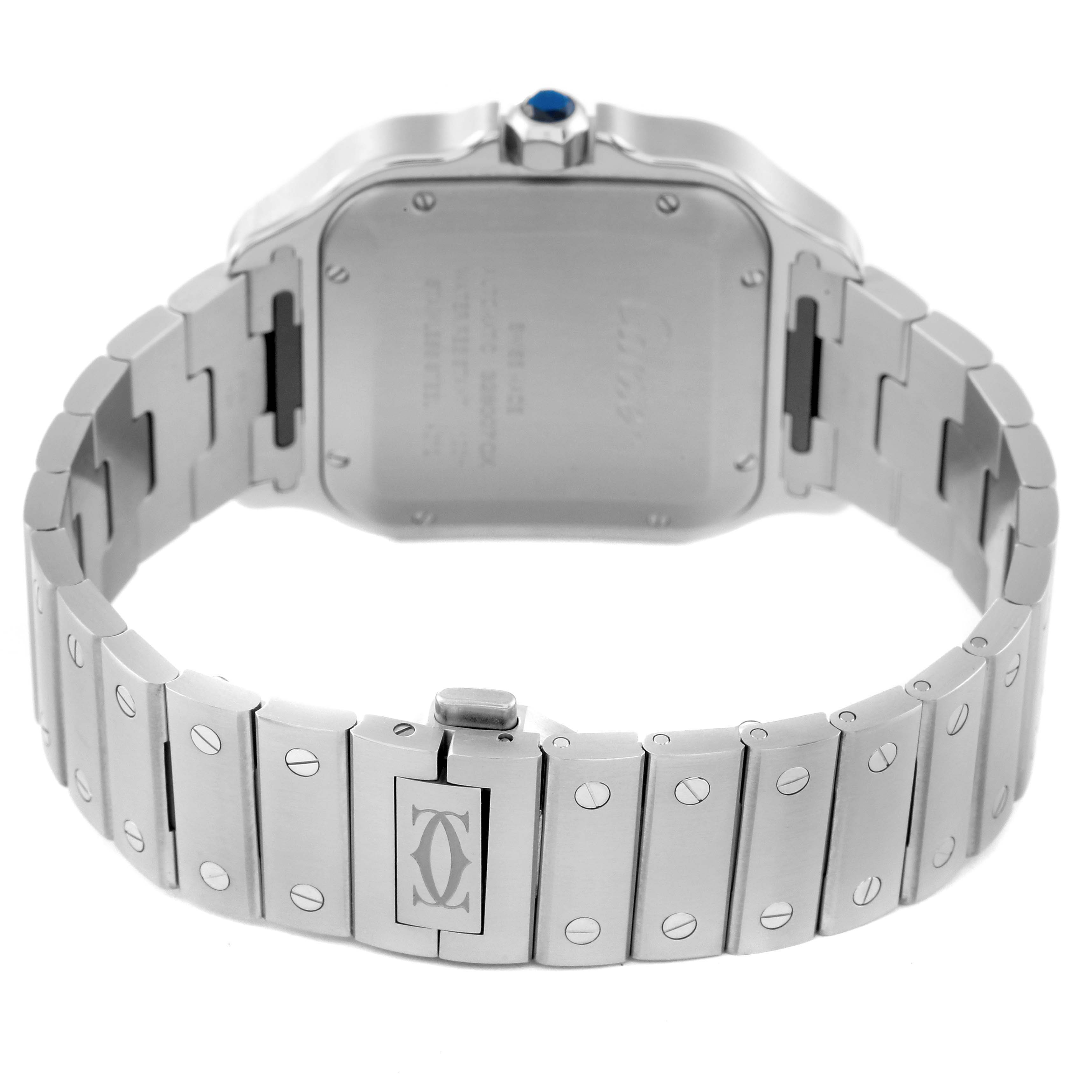The image shows the back and clasp of a Cartier Santos WSSA0048 Men
s Stainless Steel Silver Dial WSSA0048 Men
s Stainless Steel Silver Dial watch, emphasizing its metal bracelet and case back.