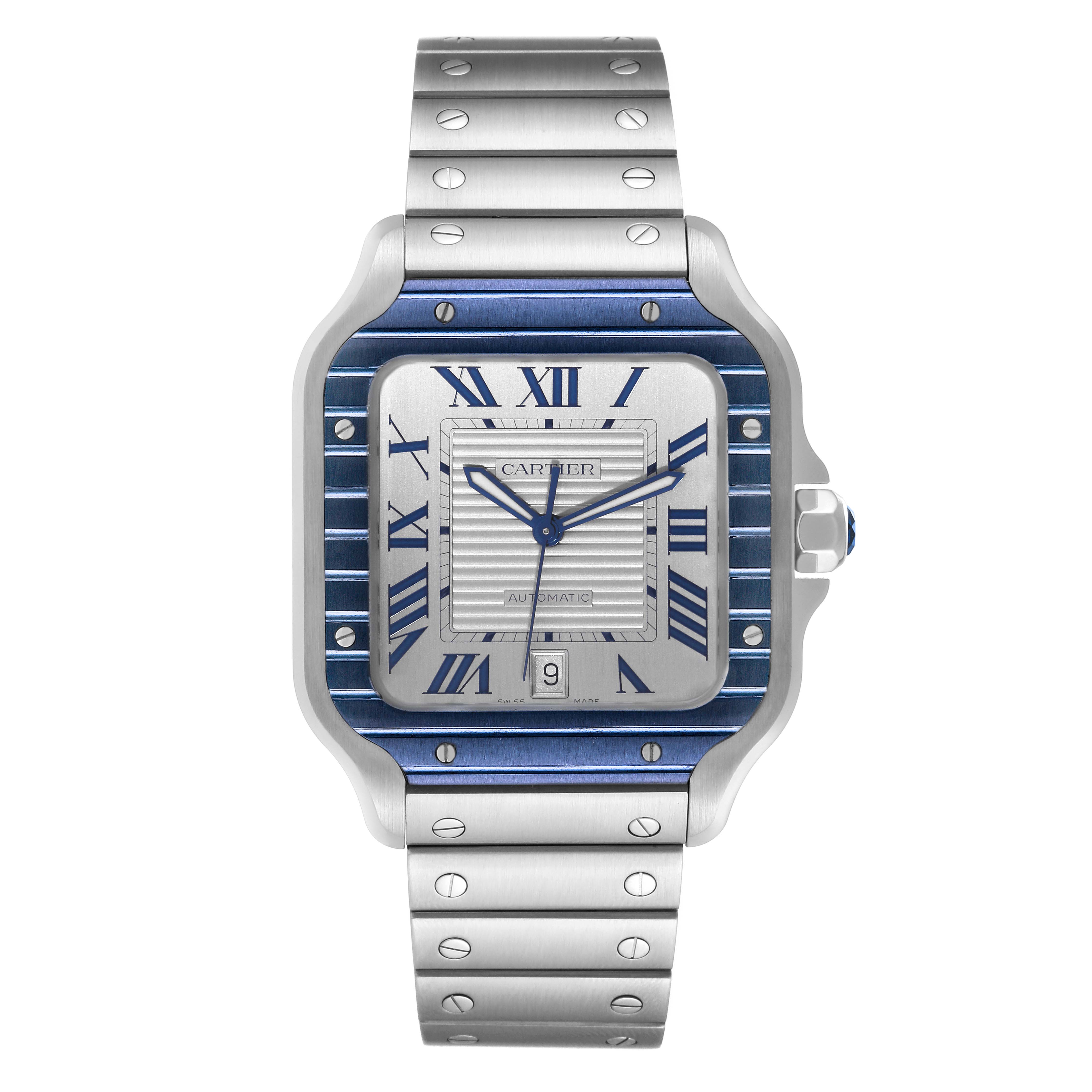 The image shows a front view of a Cartier Santos WSSA0048 Men
s Stainless Steel Silver Dial WSSA0048 Men
s Stainless Steel Silver Dial watch, featuring a metallic bracelet and a blue-accented square dial.