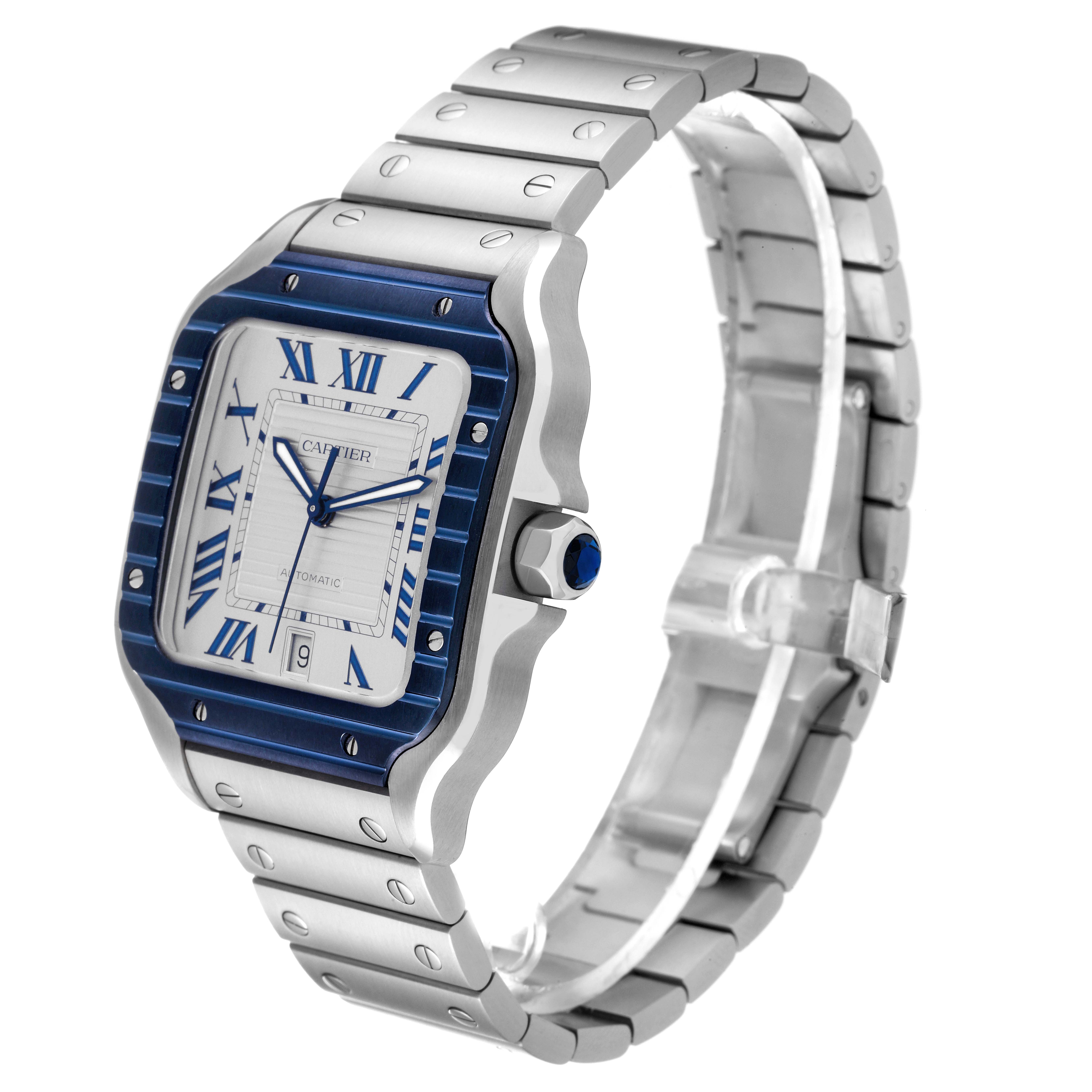 The Cartier Santos WSSA0048 Men
s Stainless Steel Silver Dial WSSA0048 Men
s Stainless Steel Silver Dial model watch is shown at a three-quarter angle, displaying its face, bezel, crown, and part of the bracelet.
