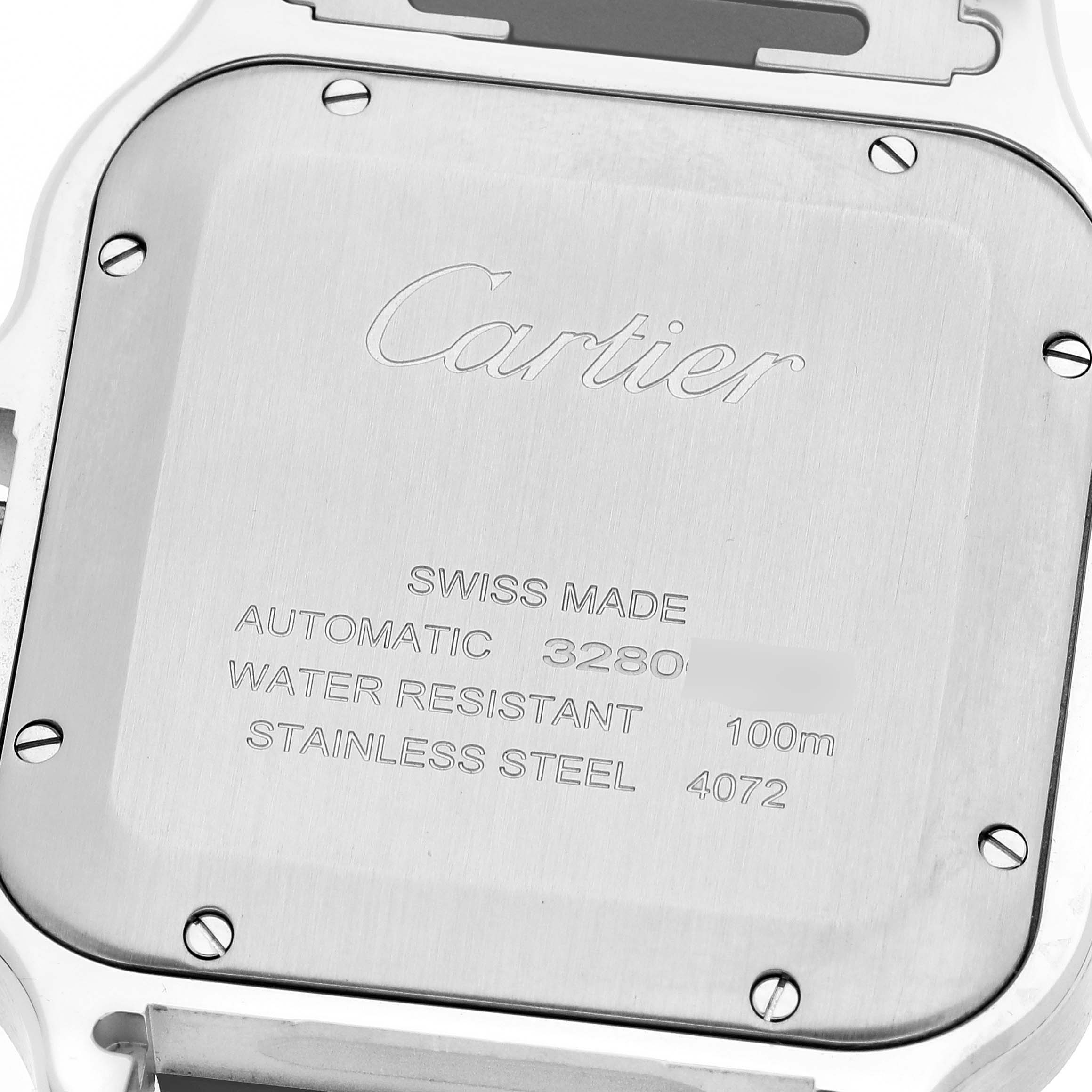 This image shows the back case of a Santos model watch by Cartier.