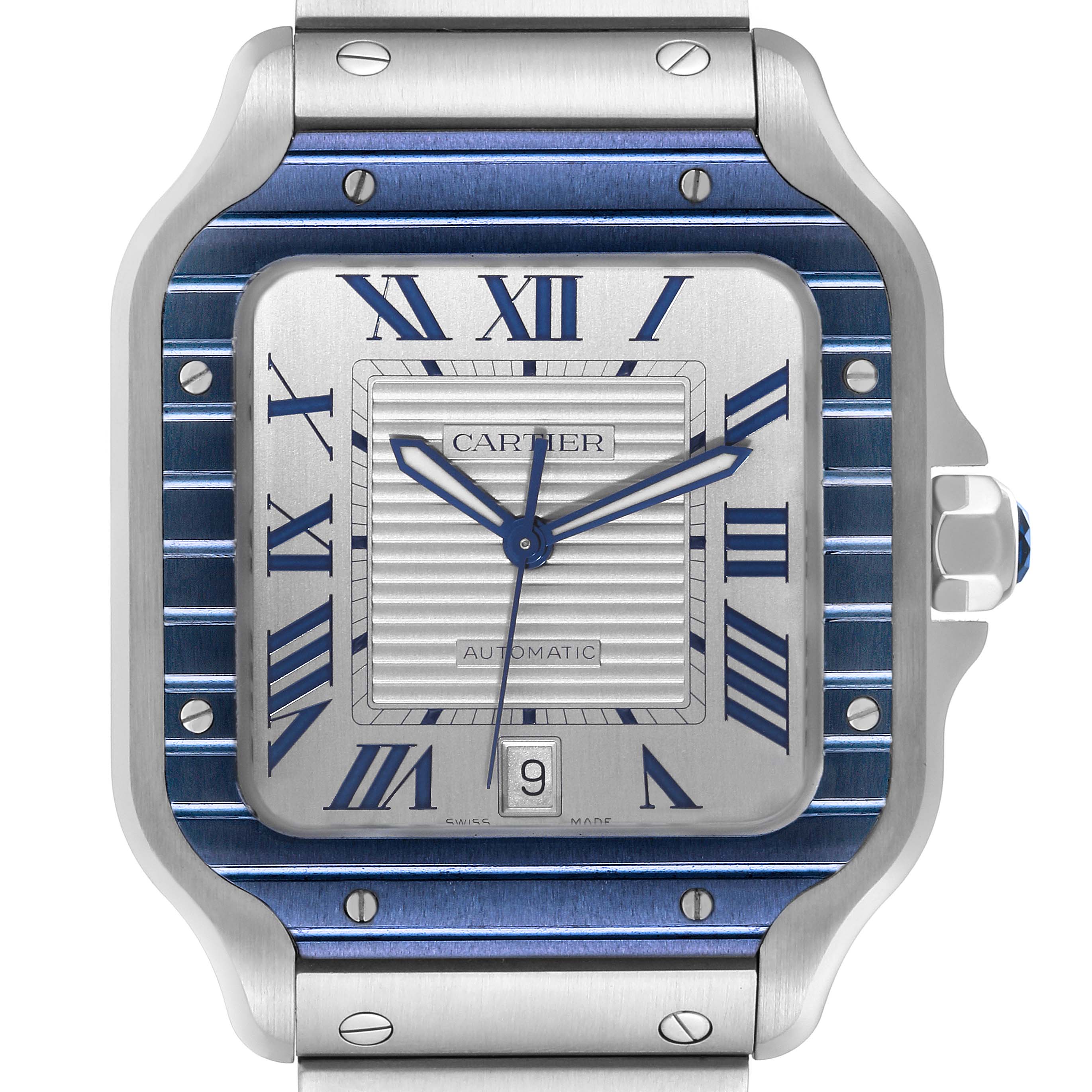 The image shows a close-up, front view of the Cartier Santos WSSA0048 Men
s Stainless Steel Silver Dial WSSA0048 Men
s Stainless Steel Silver Dial watch face and part of the bracelet.