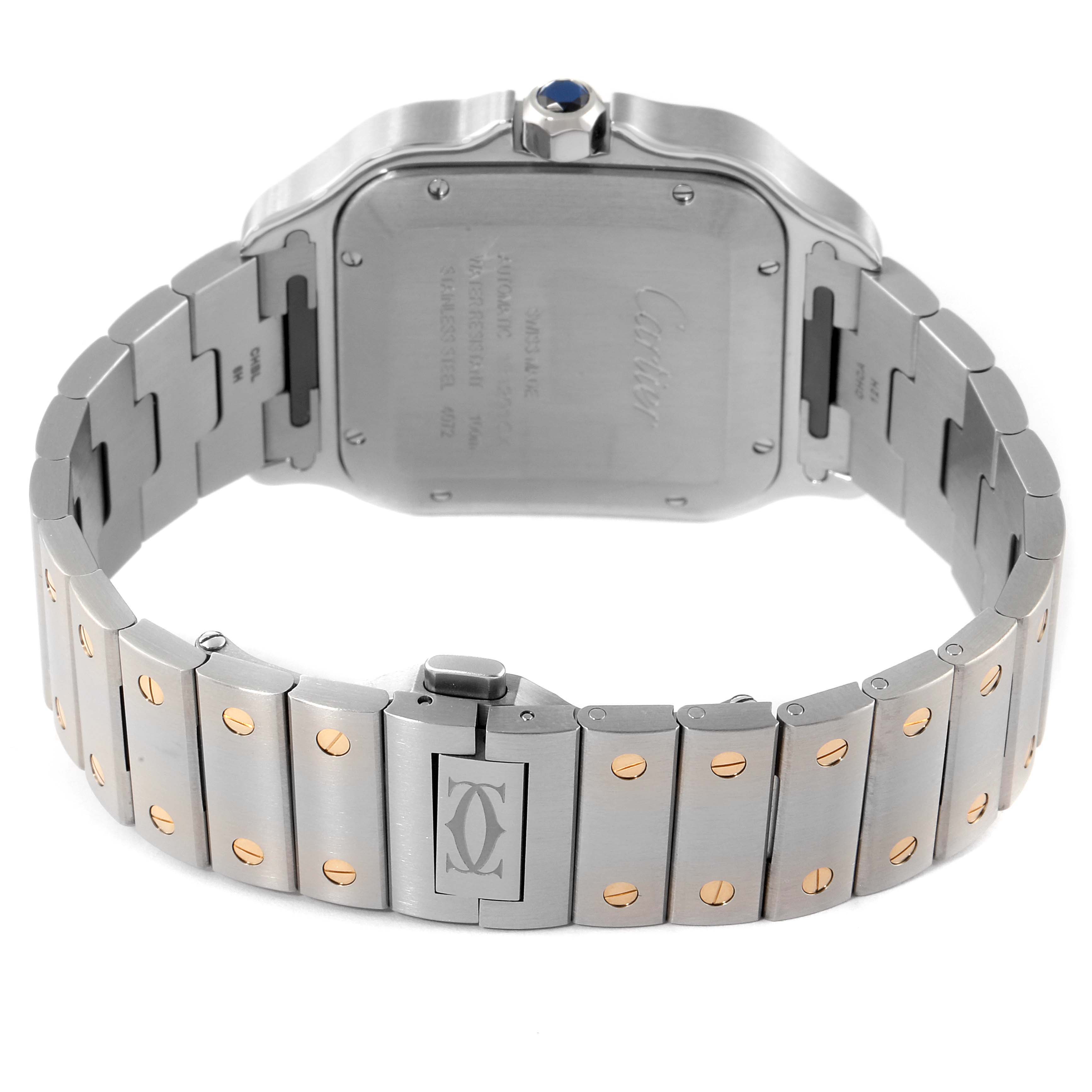 The image shows the back and strap of a Cartier Santos W2SA0009 Men's Steel and Gold (two tone) Silver Dial W2SA0009 Men's Steel and Gold (two tone) Silver Dial watch focusing on the bracelet and case back.