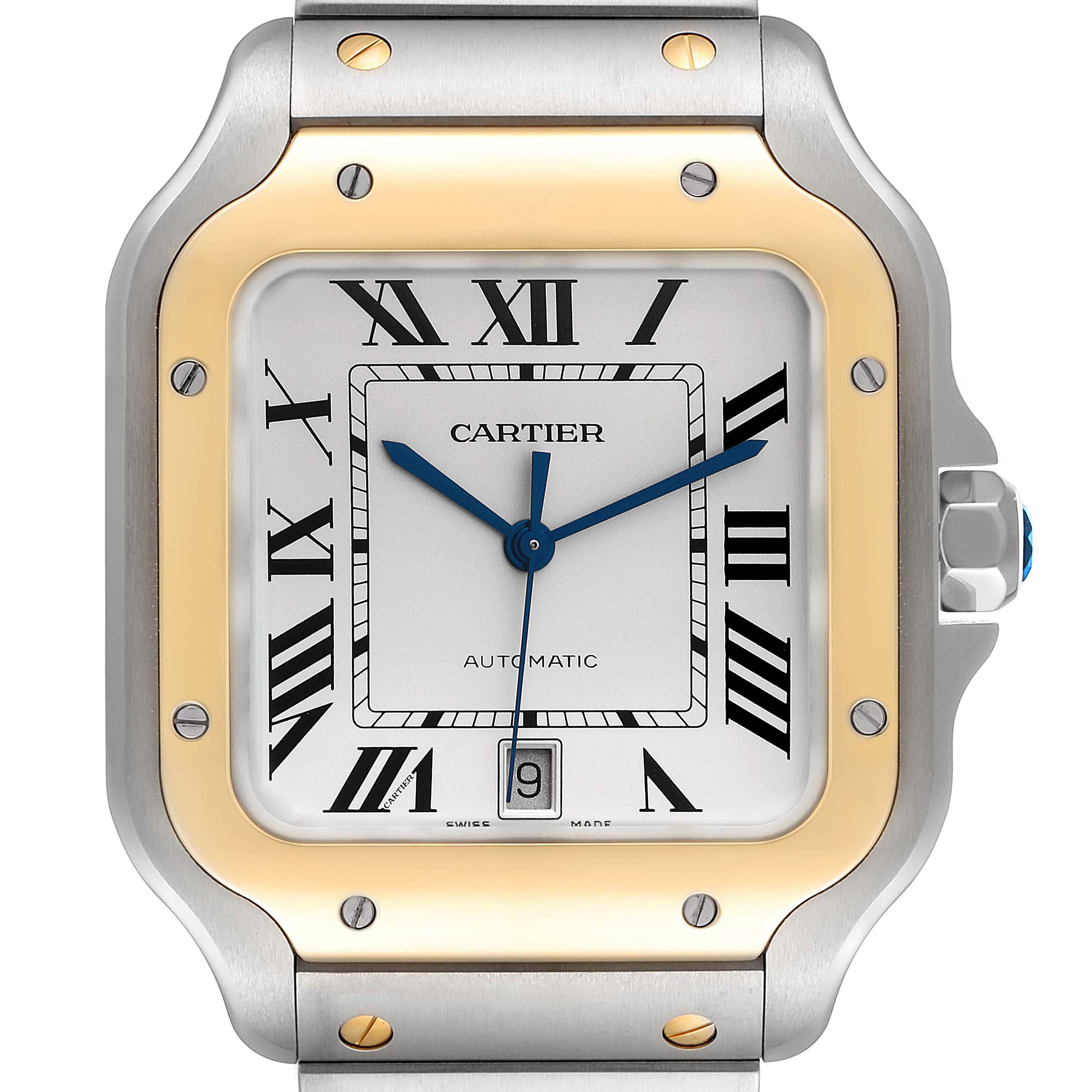 This image shows a close-up, front view of the Santos model by Cartier, highlighting the dial and bezel.
