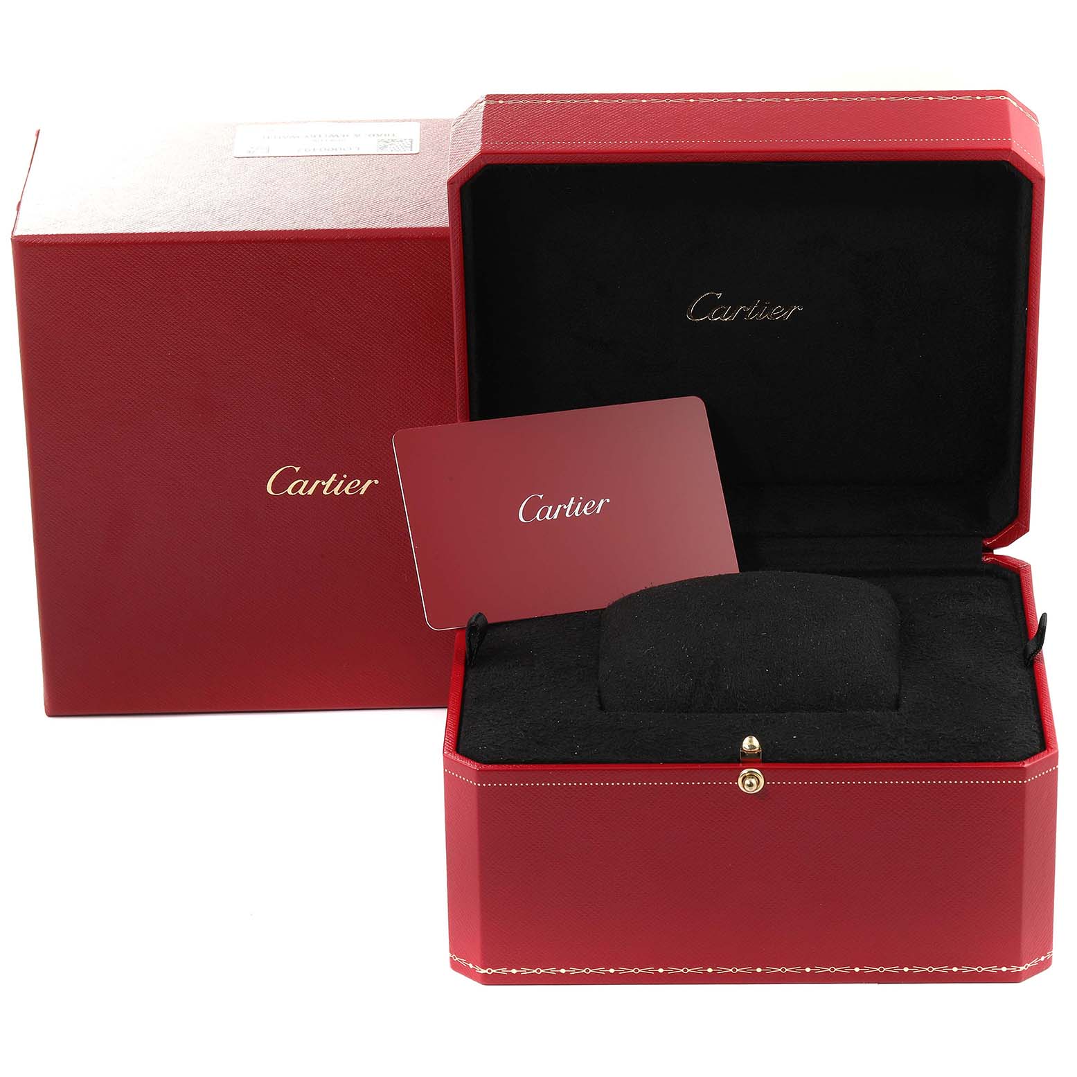 This image shows the open red Cartier box for the Santos model, including the inner cushion and card.
