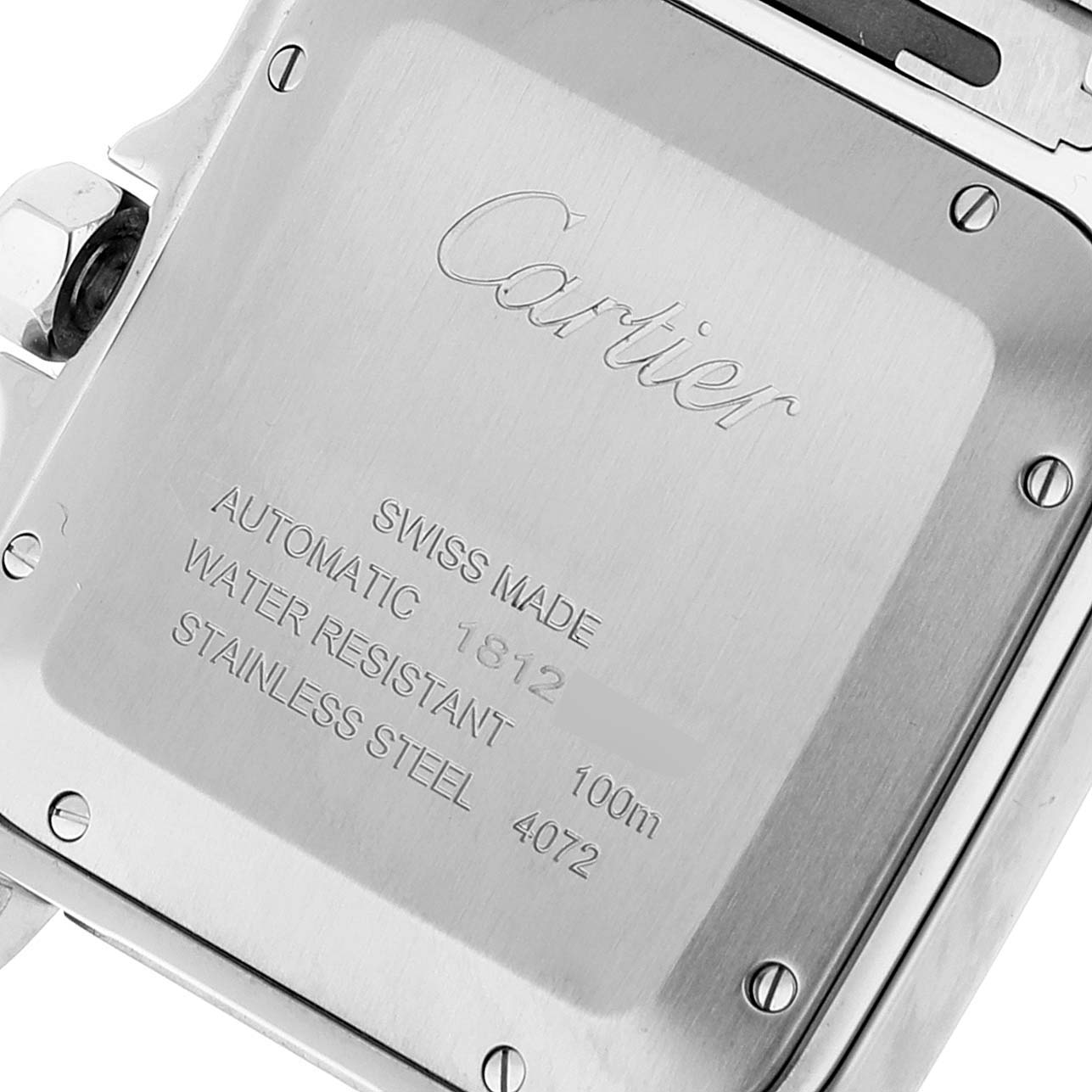 The image shows the back case of a Cartier Santos W2SA0009 Men's Steel and Gold (two tone) Silver Dial W2SA0009 Men's Steel and Gold (two tone) Silver Dial watch, featuring branding and specifications.