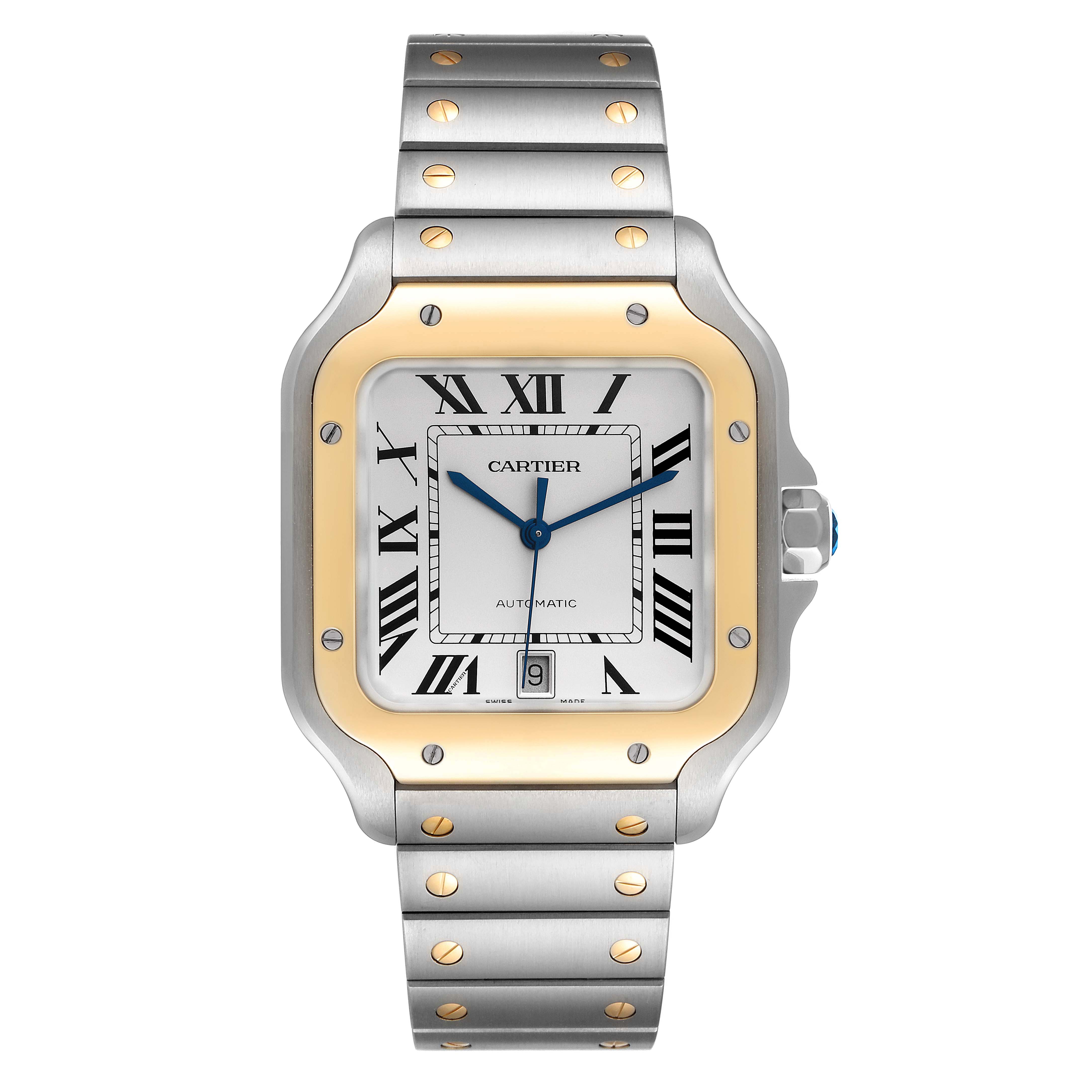 The image shows a front view of a Cartier Santos W2SA0009 Men's Steel and Gold (two tone) Silver Dial W2SA0009 Men's Steel and Gold (two tone) Silver Dial watch, displaying its dial, bezel, case, and bracelet.