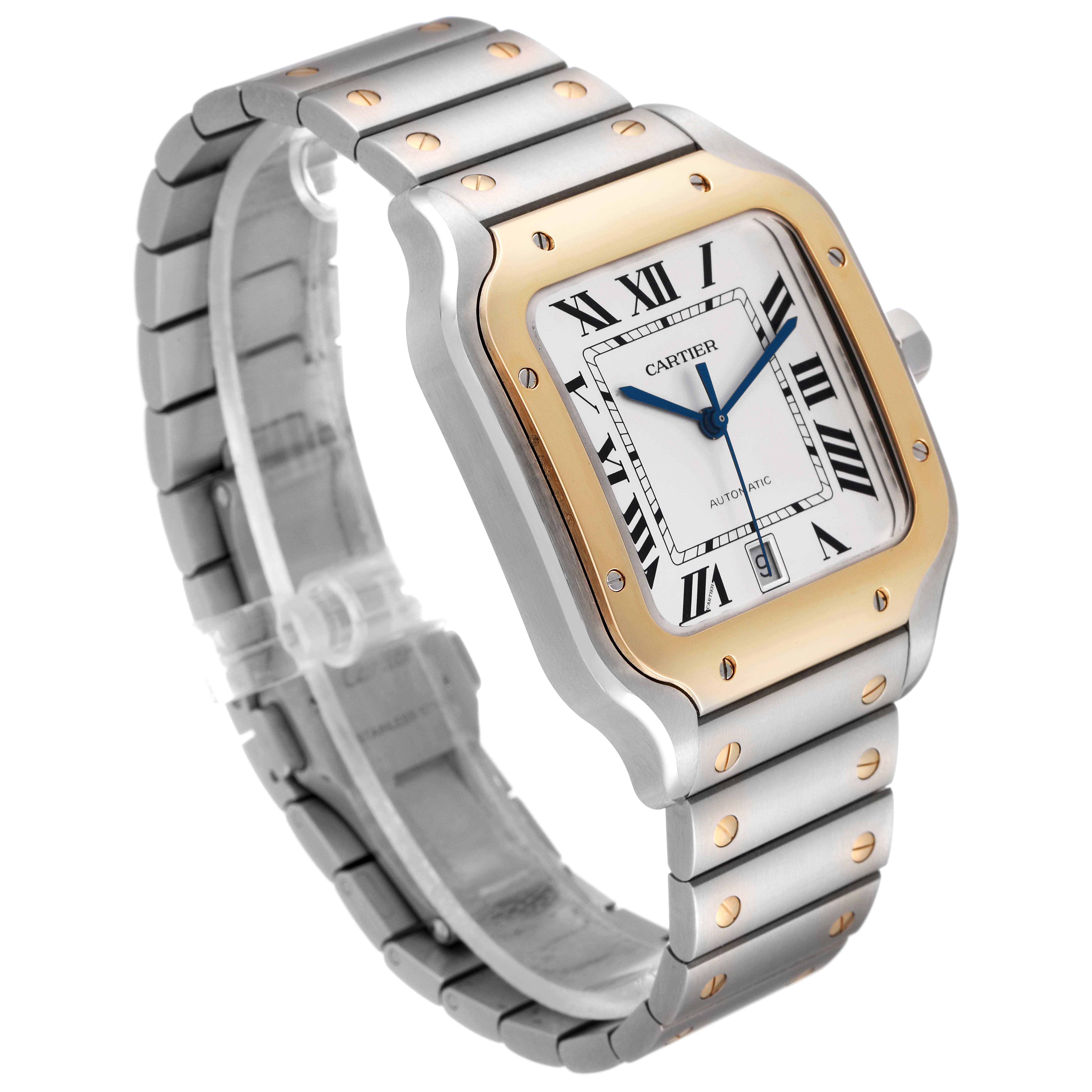 The Cartier Santos W2SA0009 Men's Steel and Gold (two tone) Silver Dial W2SA0009 Men's Steel and Gold (two tone) Silver Dial watch is shown at a three-quarter angle, displaying its face, bezel, crown, and part of the bracelet.