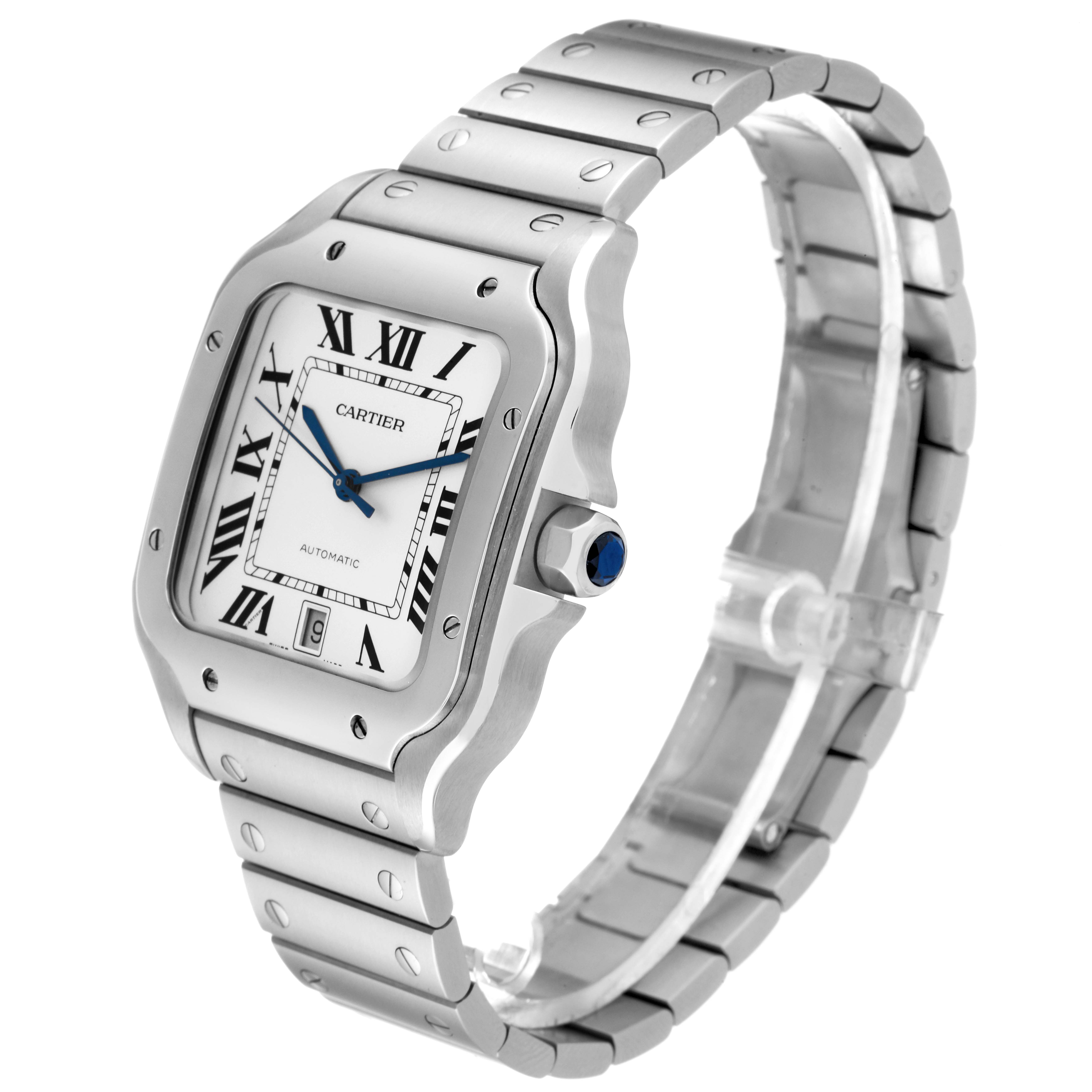 The Cartier Santos WSSA0018 Men
s Stainless Steel Silver Dial WSSA0018 Men
s Stainless Steel Silver Dial watch is shown at a three-quarter angle, featuring the face, bezel, crown, and bracelet.