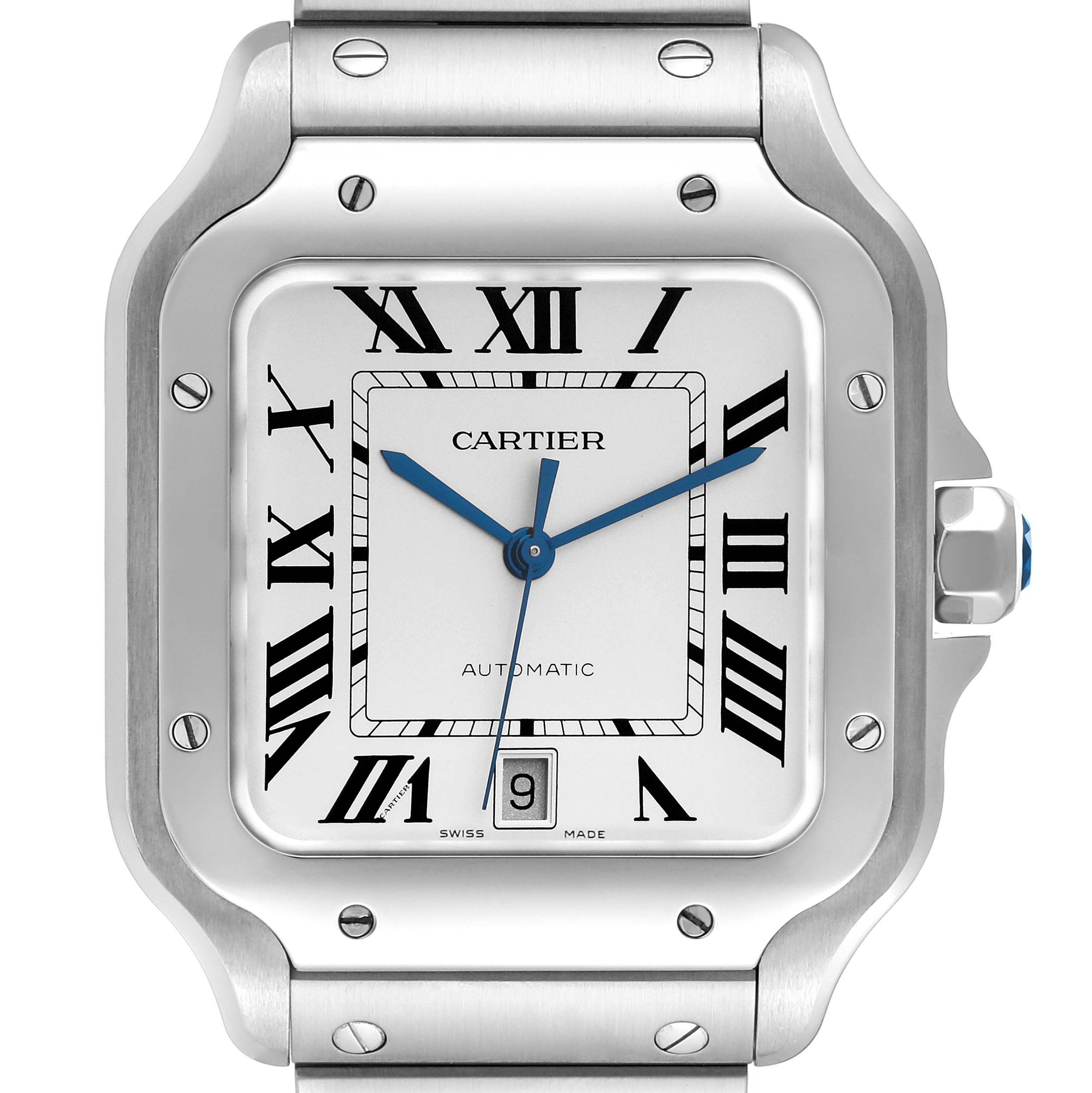 The image shows a frontal view of the dial and part of the bracelet of a Santos model by Cartier.