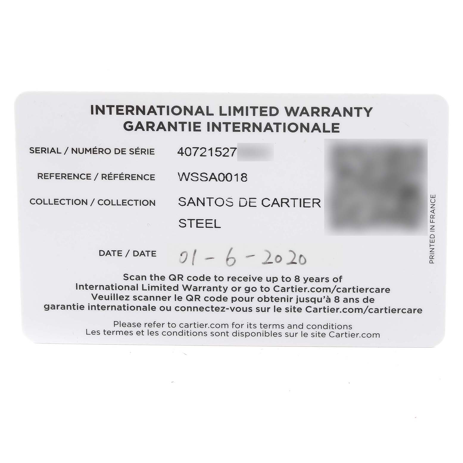 The image shows the International Limited Warranty card for a Cartier Santos WSSA0018 Men
s Stainless Steel Silver Dial WSSA0018 Men
s Stainless Steel Silver Dial de Cartier watch.