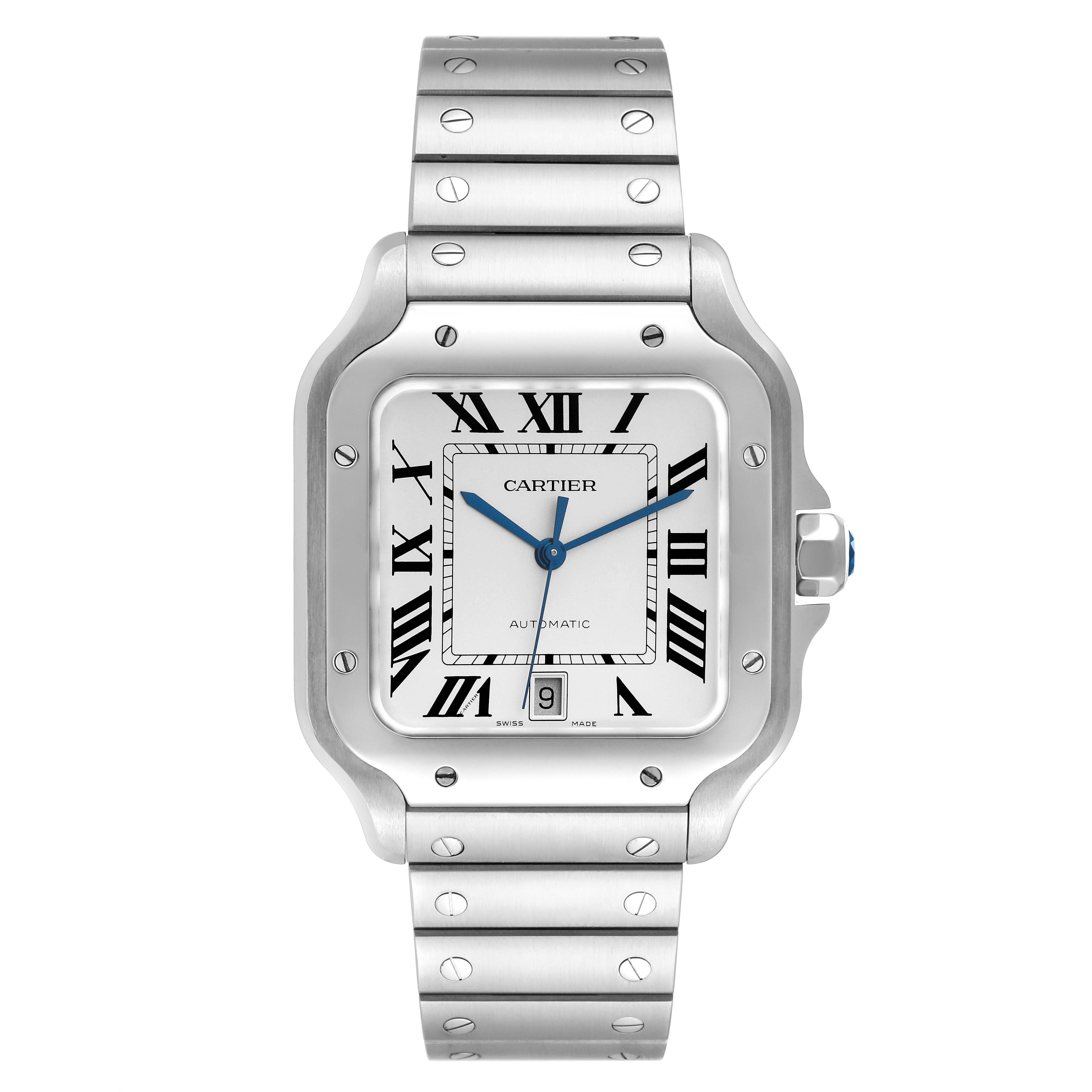 This image shows a front view of the Cartier Santos WSSA0018 Men
s Stainless Steel Silver Dial WSSA0018 Men
s Stainless Steel Silver Dial watch, displaying its face and metal bracelet.