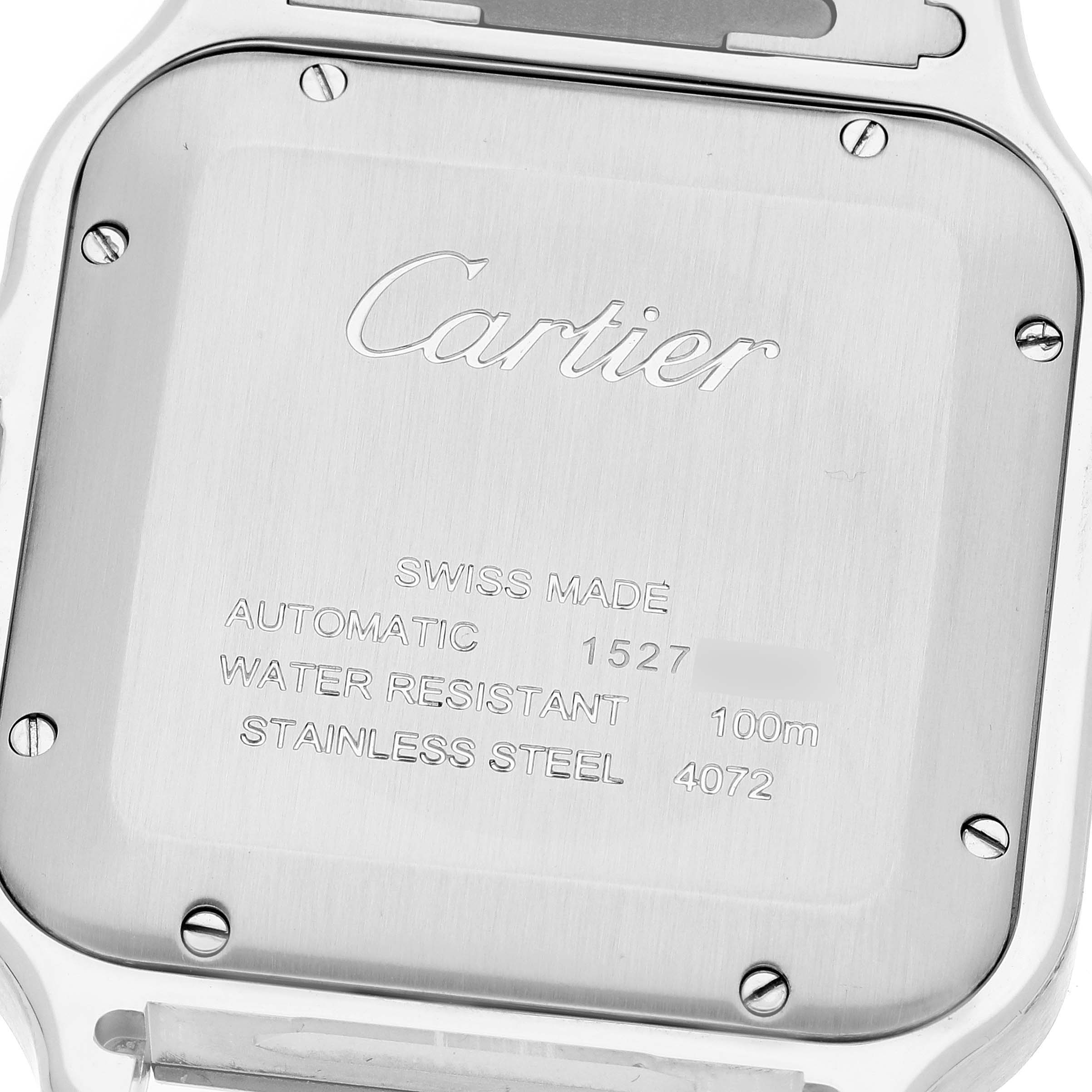 This image shows the back casing of a Santos model watch by Cartier, including details like water resistance, material, and serial number.