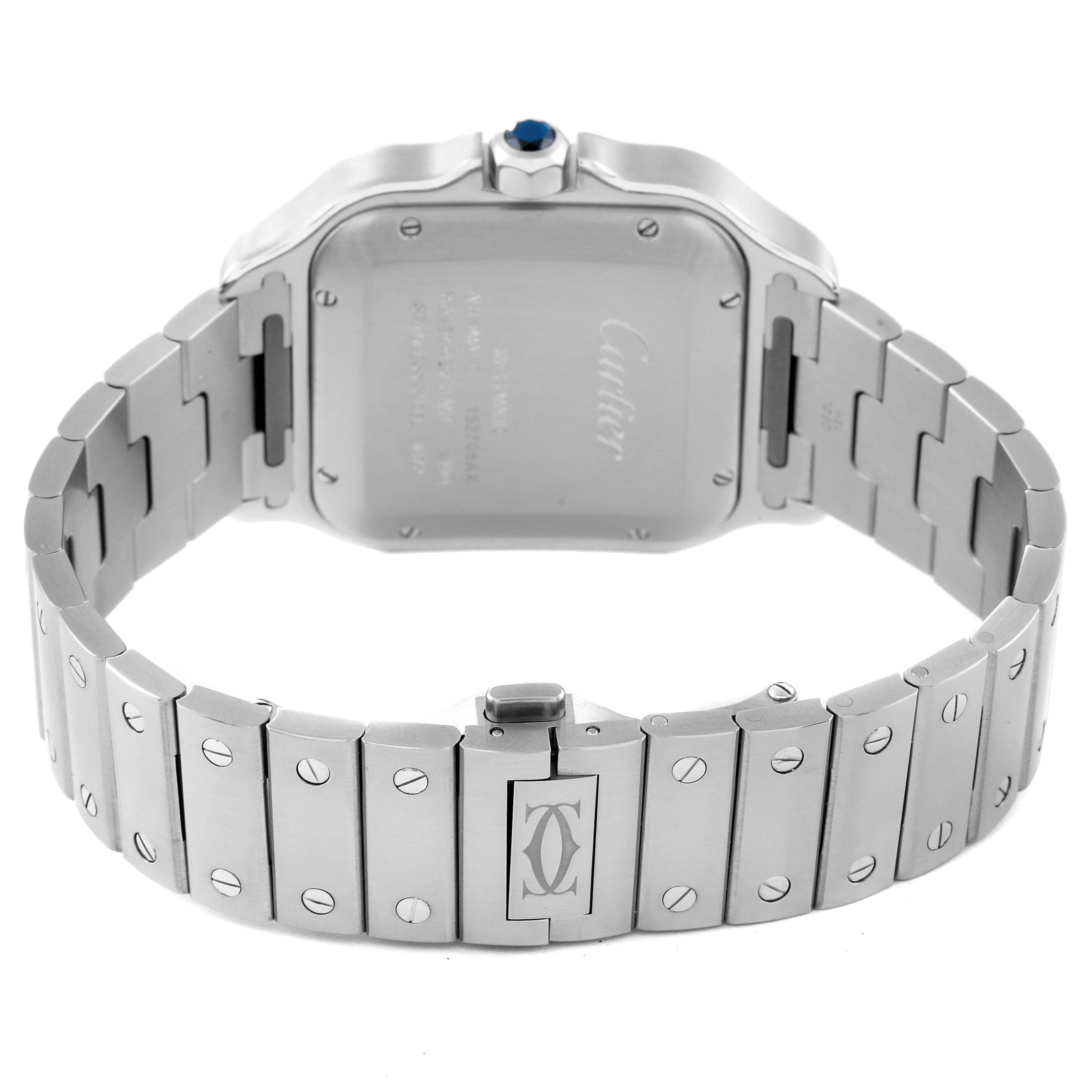 This image shows the back case and bracelet of the Santos model by Cartier from a rear angle.
