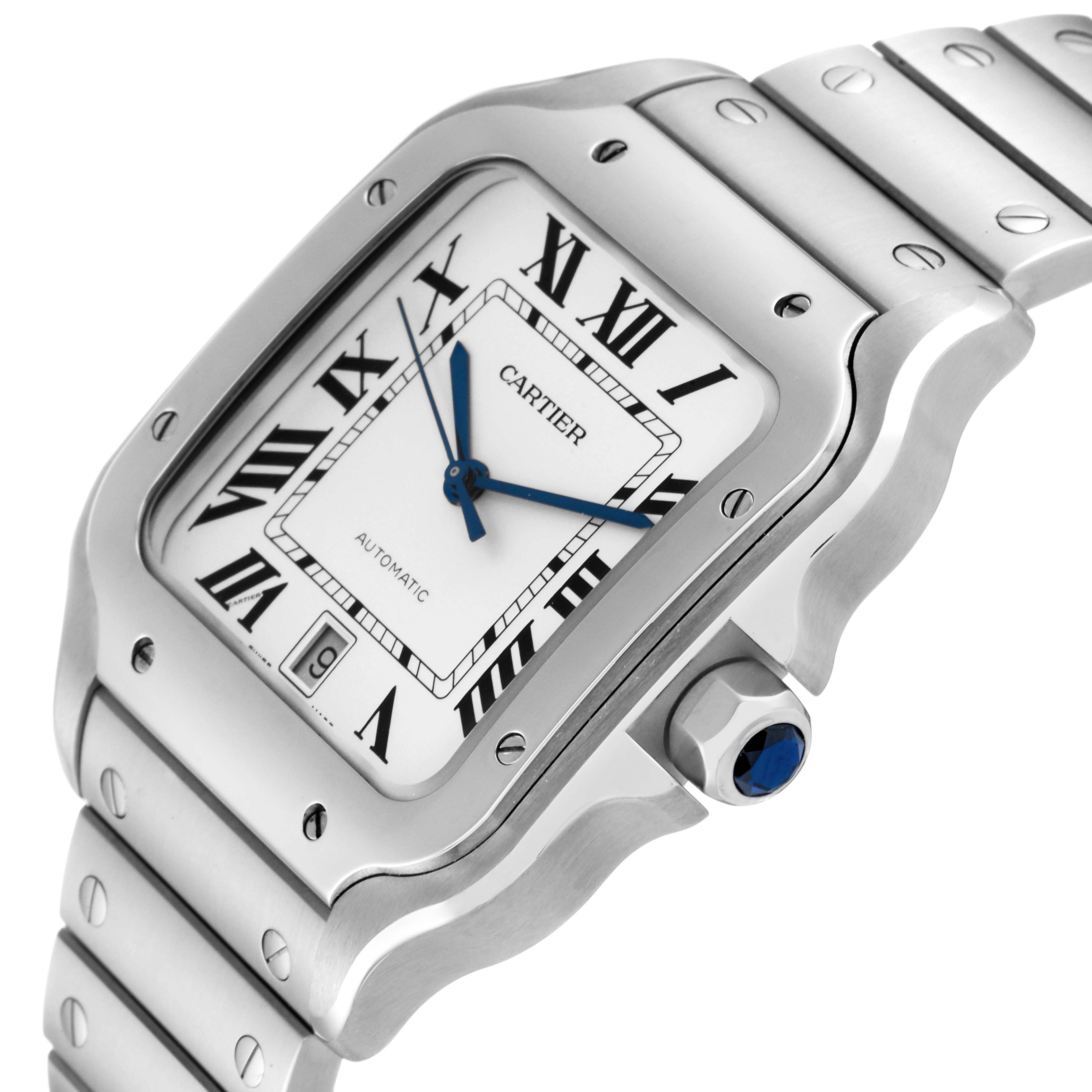 The image shows a close-up angle of the Cartier Santos WSSA0018 Men
s Stainless Steel Silver Dial WSSA0018 Men
s Stainless Steel Silver Dial watch, highlighting the dial, bezel, crown, and part of the bracelet.