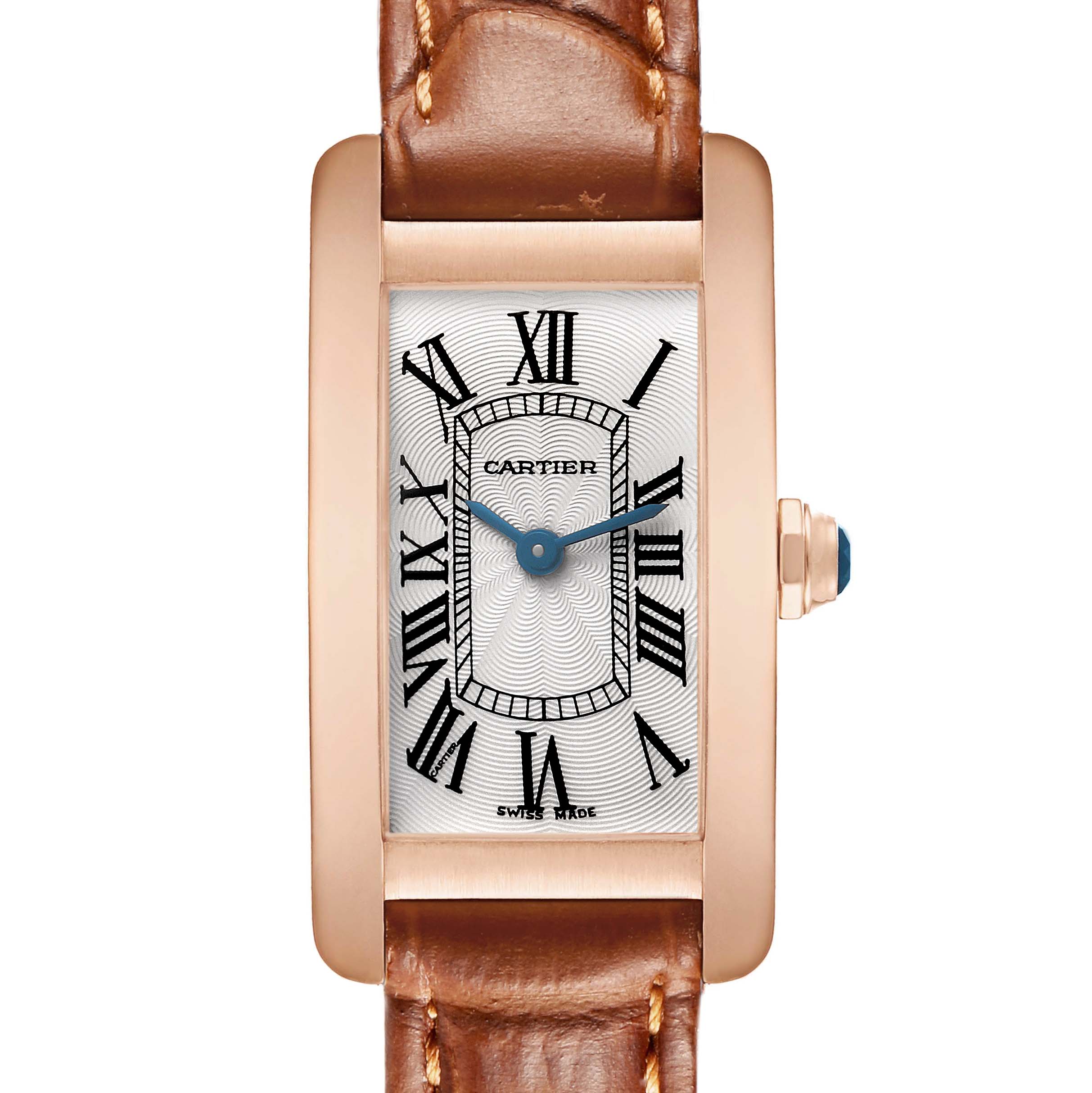 The Cartier Tank Americaine W2607456 Women's Rose Gold White Dial watch is shown from the front, displaying the dial, case, and part of the strap.