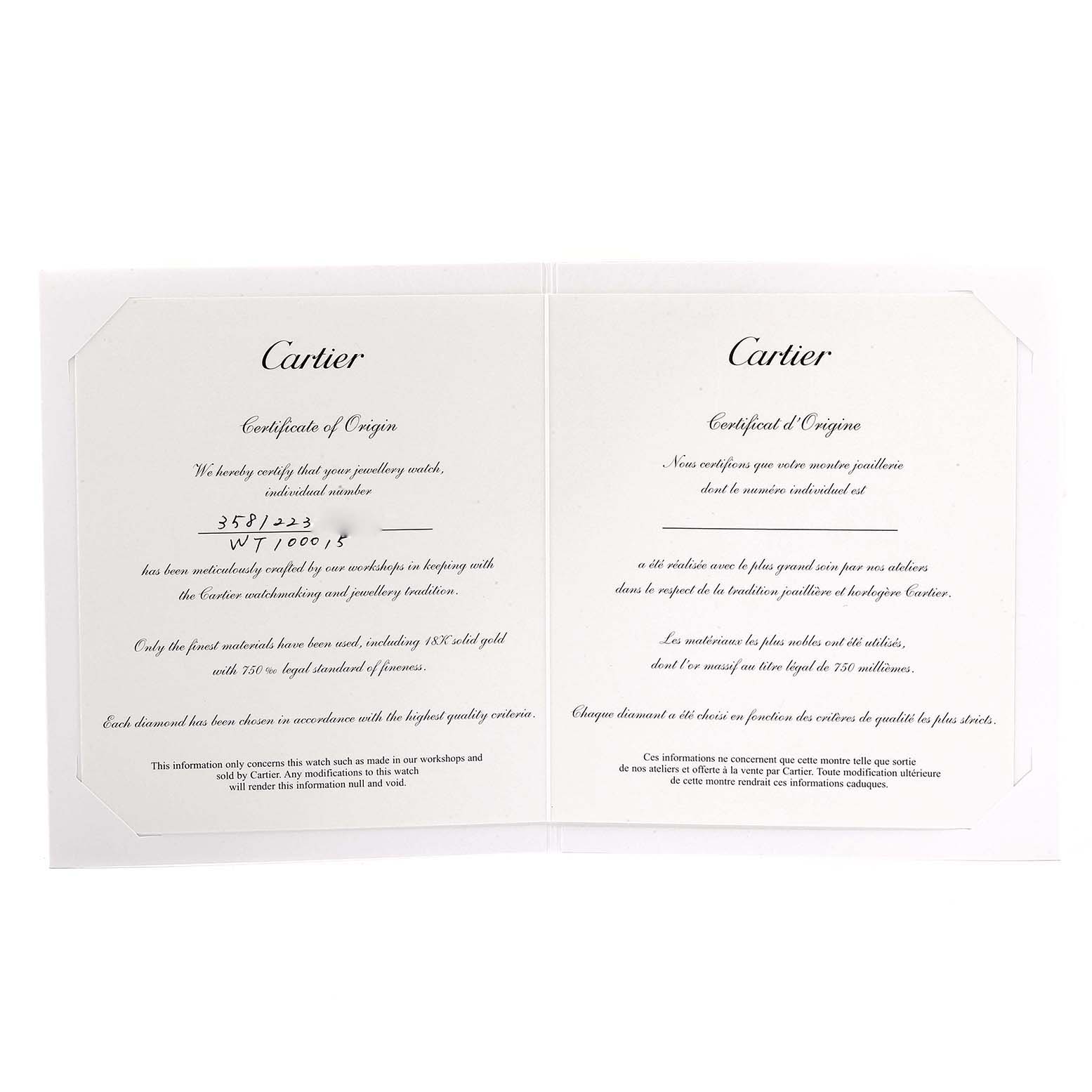 The image shows a Cartier Certificate of Origin for the Tank Anglaise model watch, presented open and flat.