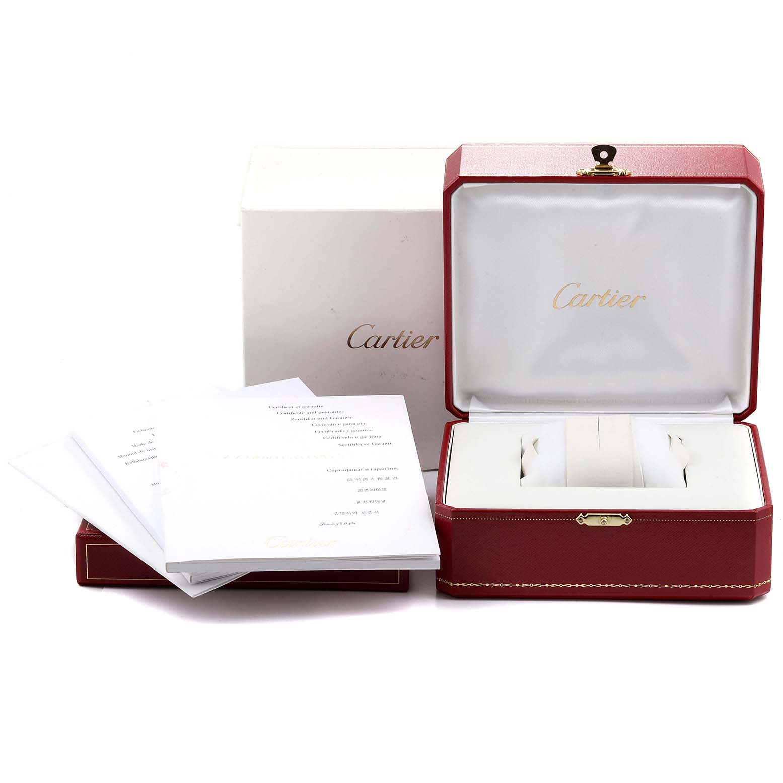 The image shows the packaging and accessories for the Cartier Tank Anglaise WT100015 Women's White Gold Silver Dial WT100015 Women's White Gold Silver Dial model, including the box, case, and booklets.