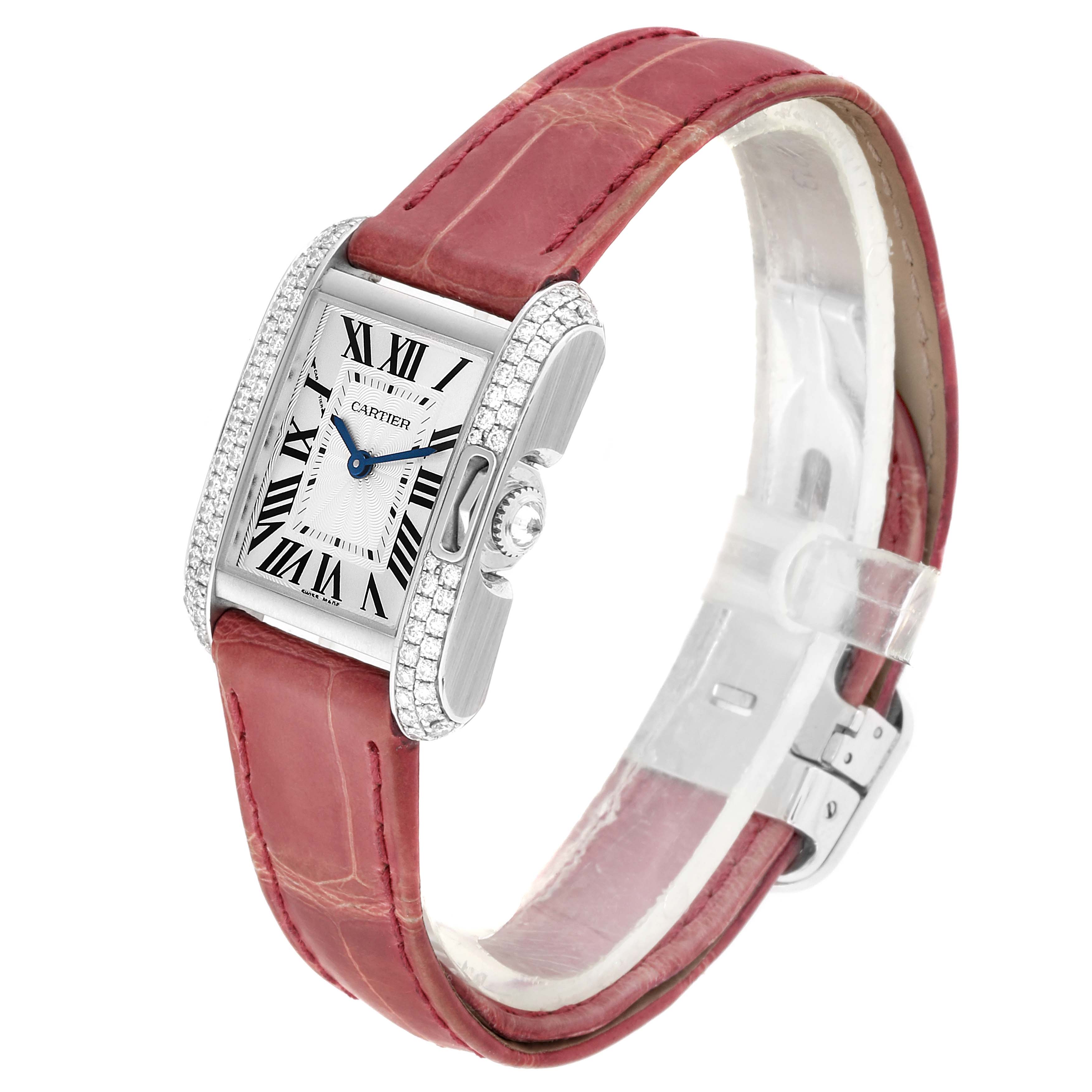 The image shows a Cartier Tank Anglaise WT100015 Women's White Gold Silver Dial WT100015 Women's White Gold Silver Dial watch at a three-quarter angle, highlighting its rectangular dial, leather strap, and diamond-studded bezel.
