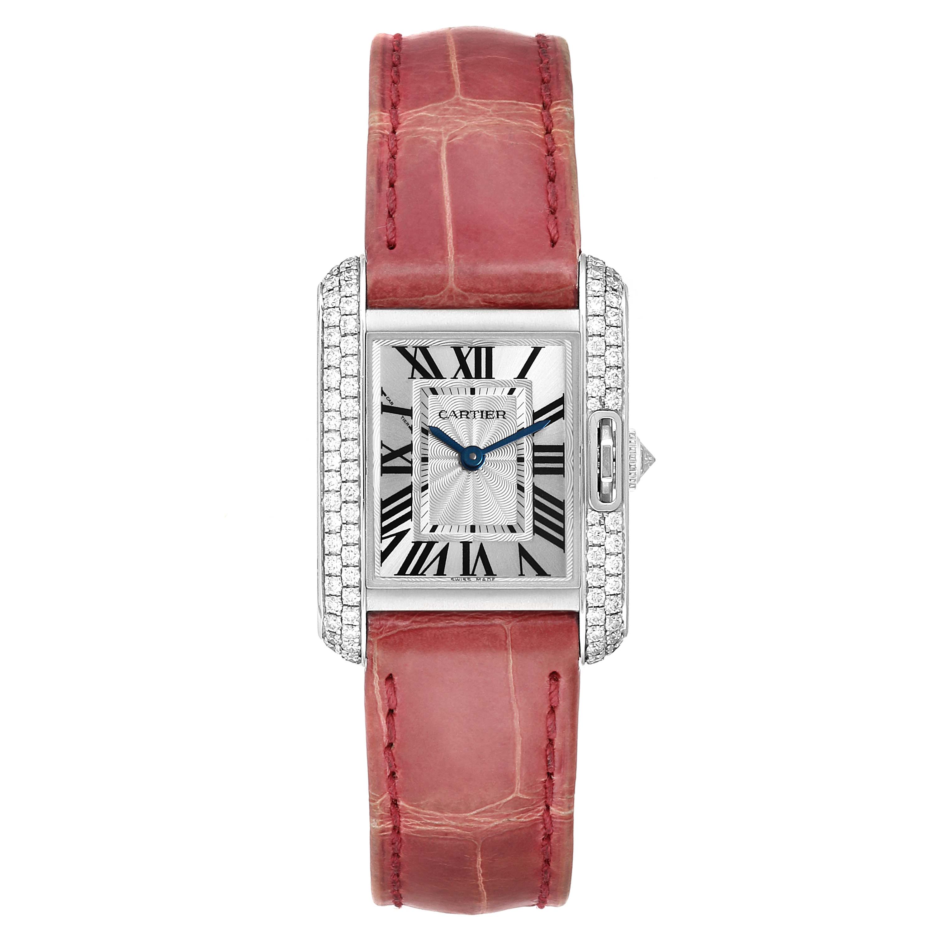 The image shows a front view of a Cartier Tank Anglaise WT100015 Women's White Gold Silver Dial WT100015 Women's White Gold Silver Dial watch, featuring a rectangular face, Roman numerals, and a pink leather strap.
