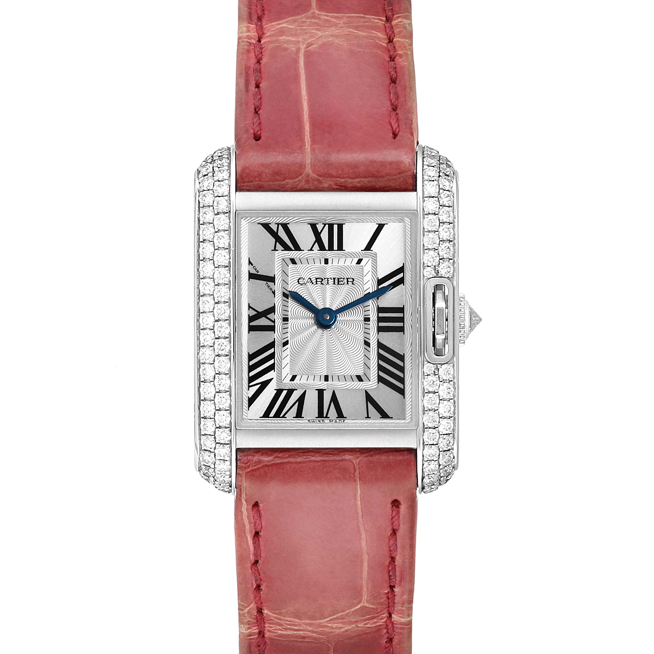 The image shows a Cartier Tank Anglaise WT100015 Women's White Gold Silver Dial WT100015 Women's White Gold Silver Dial watch from a front angle, highlighting its full face, diamond bezel, and pink leather strap.
