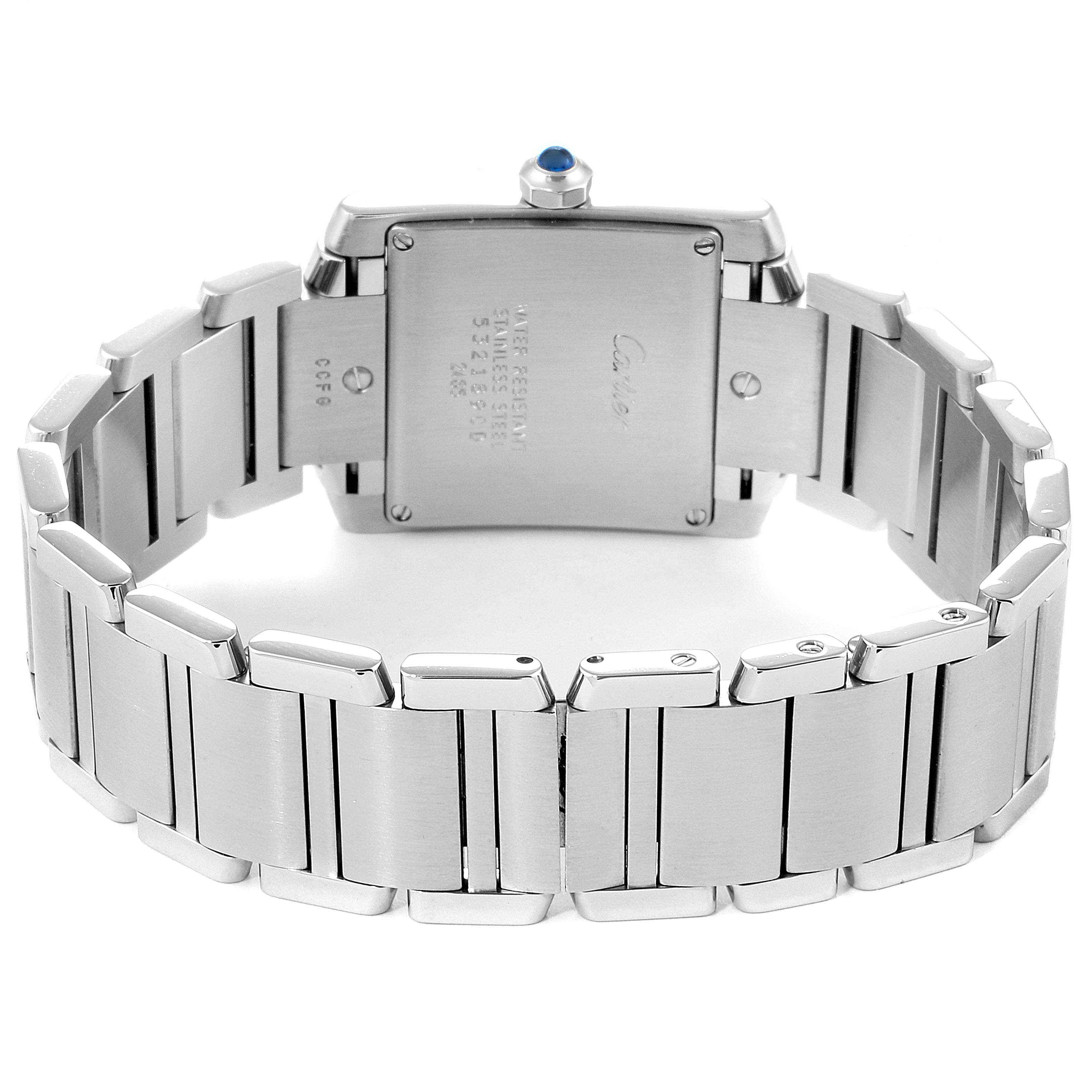 The image shows the back view of the stainless steel bracelet and case of the Cartier Tank Francaise W51011Q3 Women
s Stainless Steel Silver Dial W51011Q3 Women
s Stainless Steel Silver Dial watch.