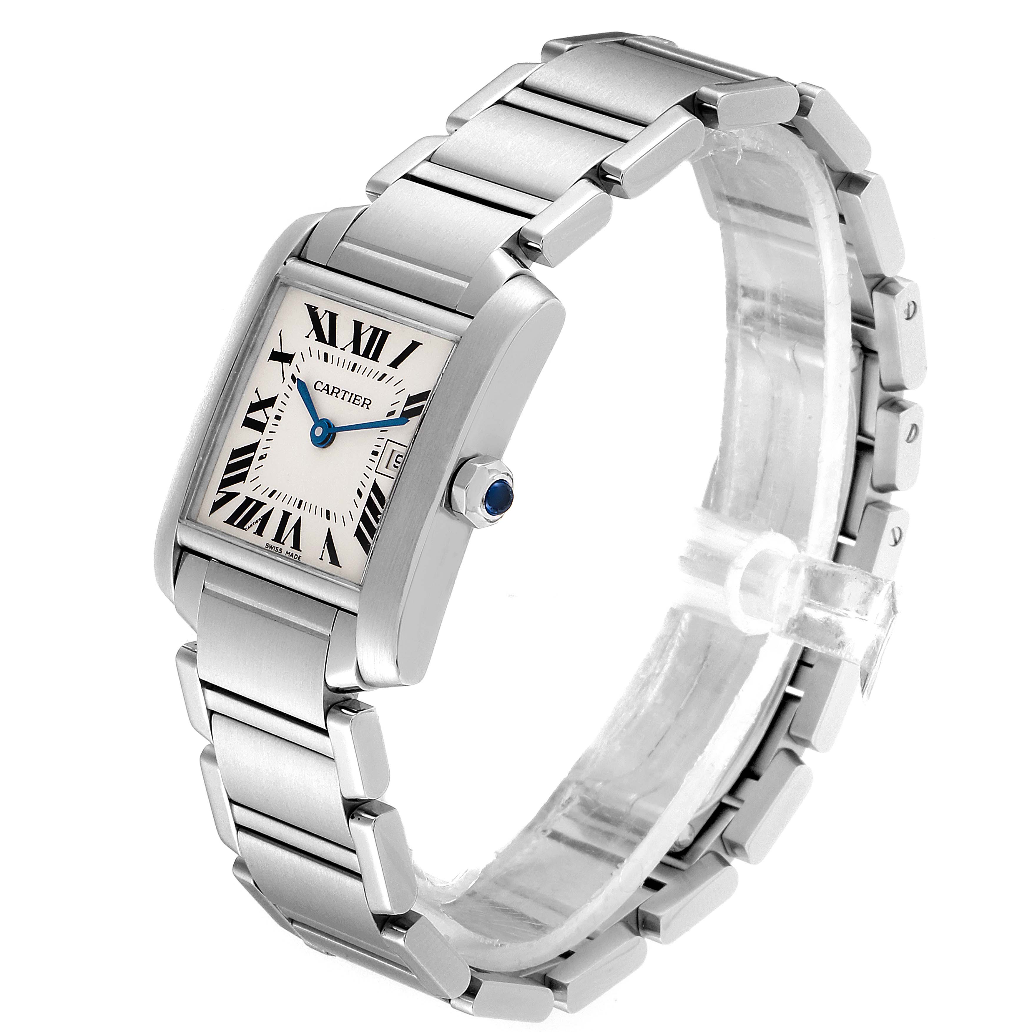 The image shows a side-angled view of the Cartier Tank Francaise W51011Q3 Women
s Stainless Steel Silver Dial W51011Q3 Women
s Stainless Steel Silver Dial watch, highlighting its face, bezel, bracelet, and crown.