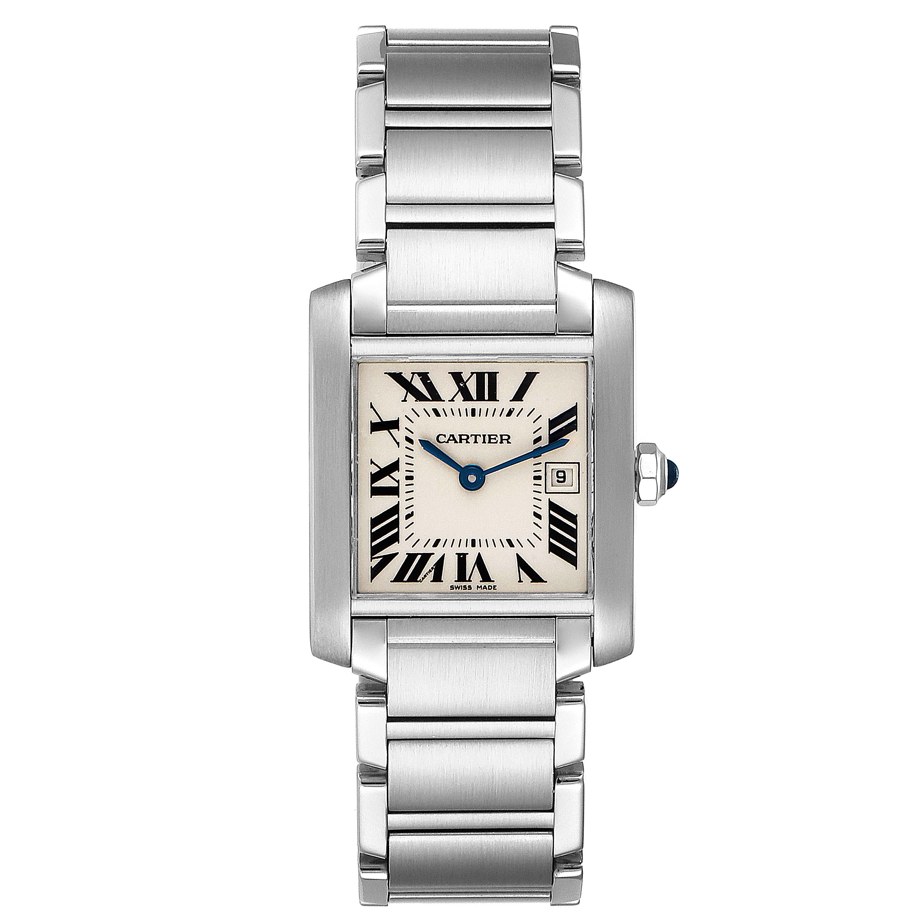 The image shows a Cartier Tank Française with its full stainless steel bracelet and rectangular face in a front view.